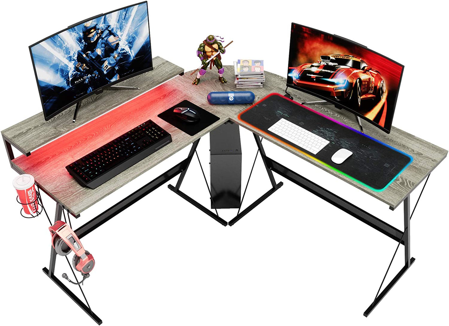 Gaming Desk 55 Inch LED L Shaped Computer Corner Desk with 36" Large Monitor Shelf Gamer Desk Workstation Reversible 72" Long Desk for 2 Persons Cup Holder Headset Hook, Carbon Fiber Black