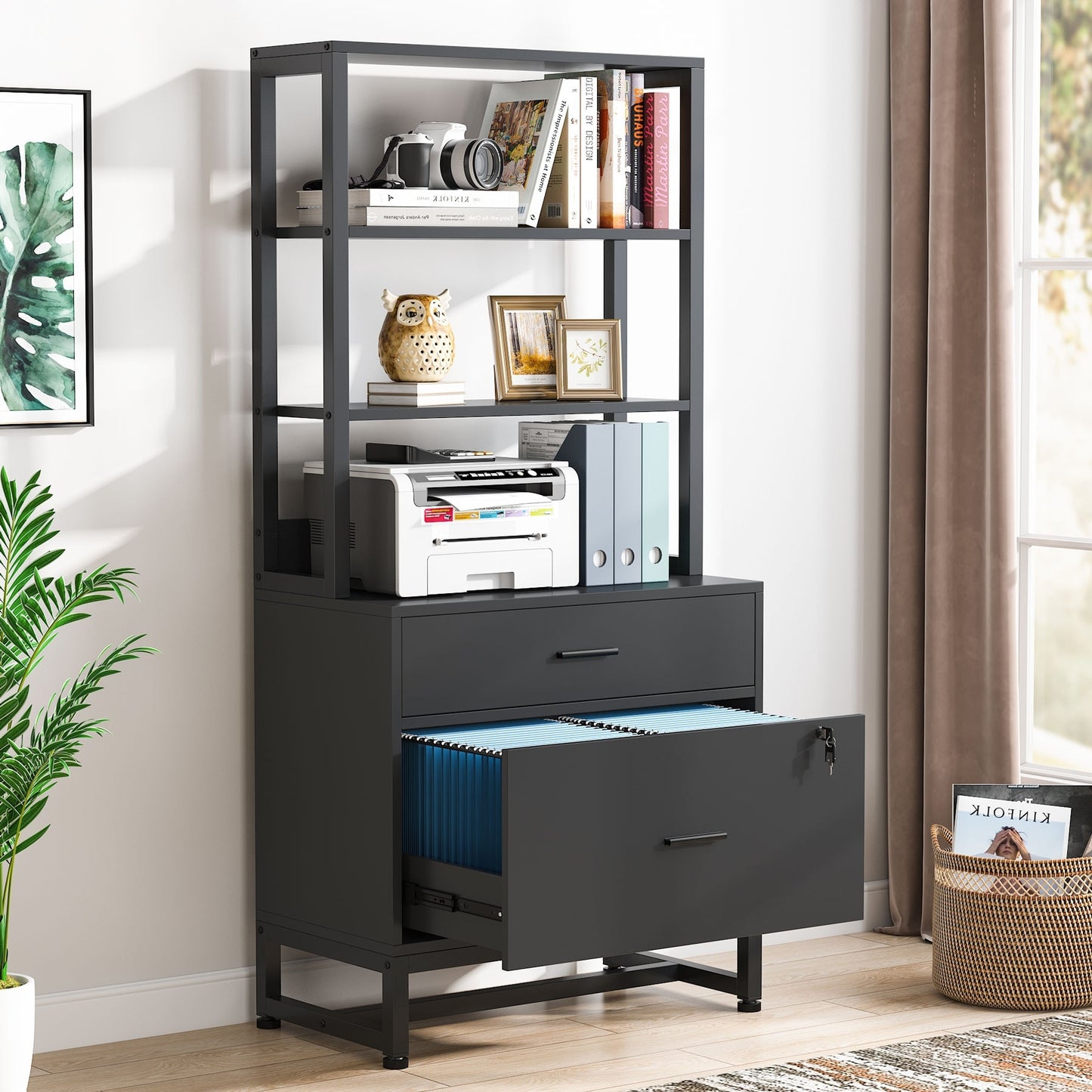 Co & Design 2 Drawer File Cabinet with Lock & Bookshelf, Letter Size Large Printer Stand