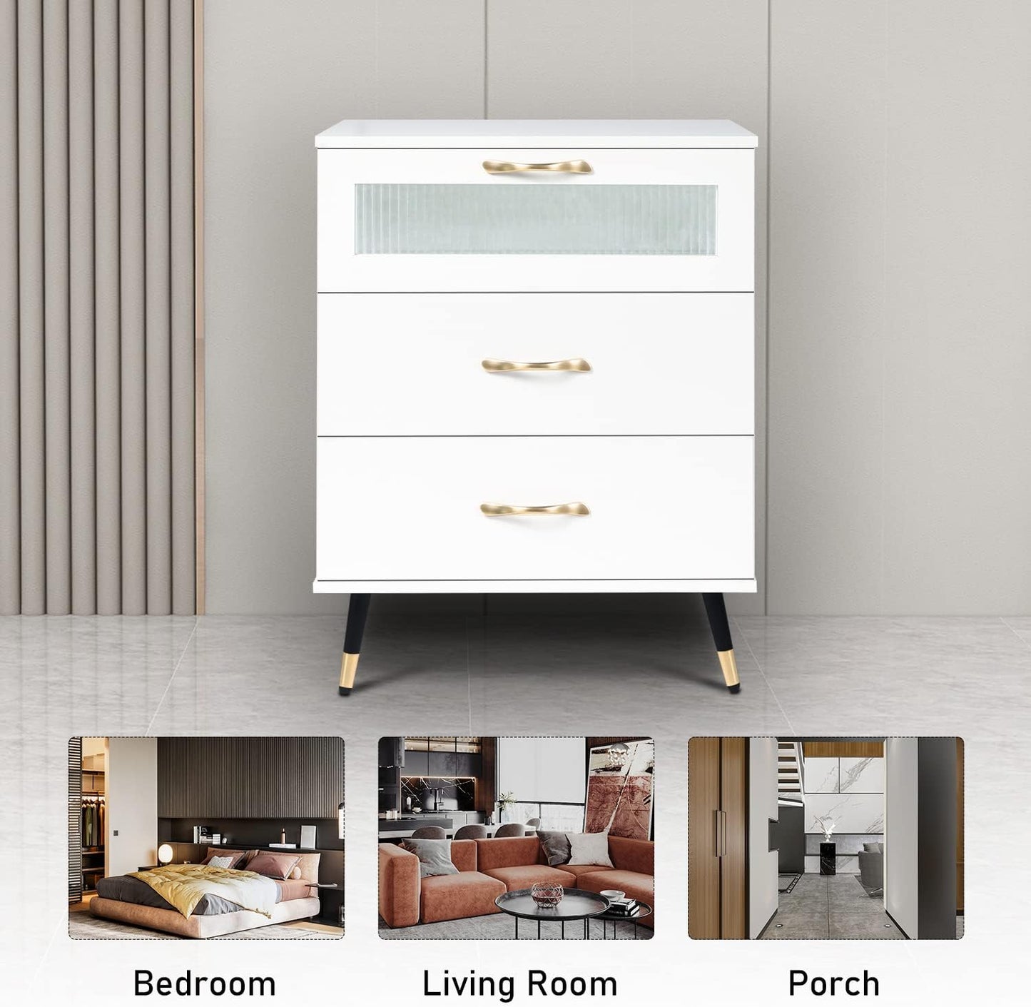 White Nightstand Set of 2 Modern 3 Drawer Nightstand with Glass Door, Gold Leg and Handle, Bedside Cabinet Furniture Side Table Chest for Bedroom