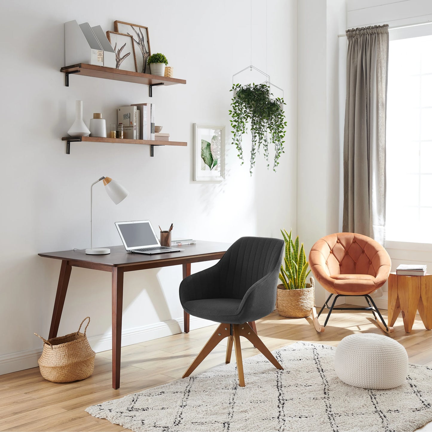 Modern Home Office Swivel Arm Accent Chair with Wood Legs