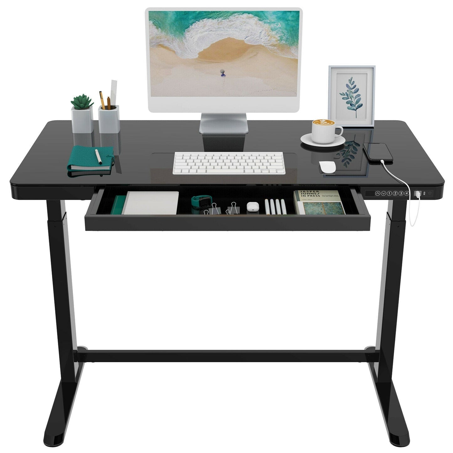 Home Office Electric Height Adjustable Desk 48" Width Standing Desk Computer Desk Glass Top with Drawer, USB Charged