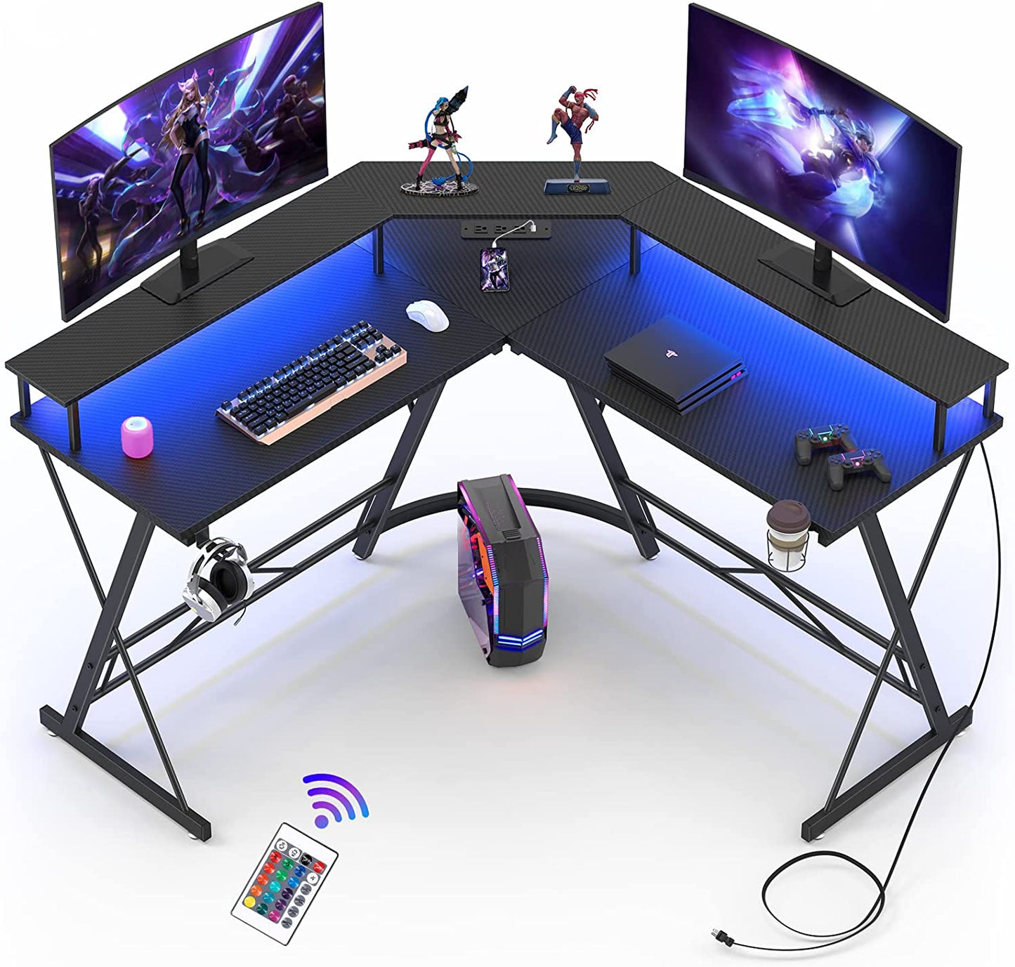 Gaming Desk with Led Lights and Power Strip L Shaped Desk Corner Computer Desk with Monitor Stand, Carbon Fiber Surface Gaming Table with Desk Accessories Cup Holder Headphone Hook, Black