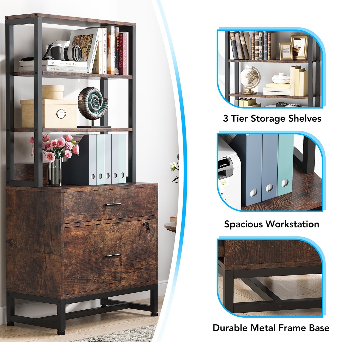 Co & Design 2 Drawer File Cabinet with Lock & Bookshelf, Letter Size Large Printer Stand