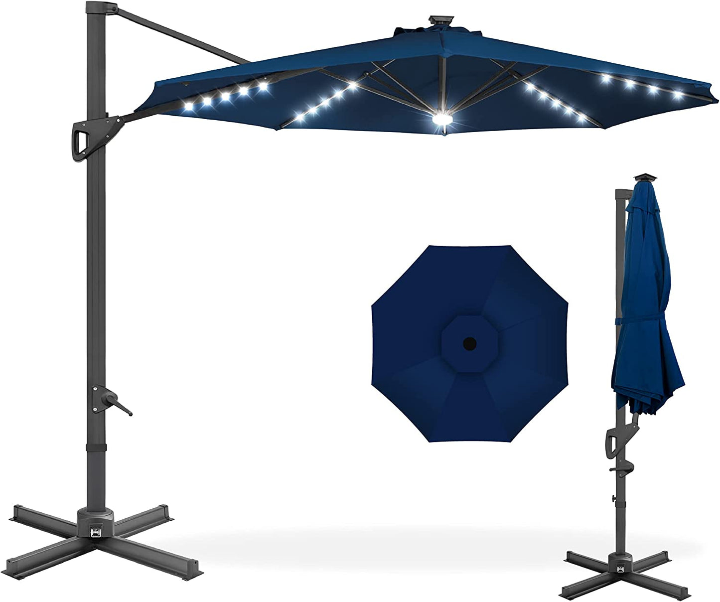 Solar LED Cantilever Patio Umbrella with Lights, 10 Foot Easy Tilt, and Cross Base, 360-Degree Hanging Offset Sun Shade for Backyard, Deck, and Poolside