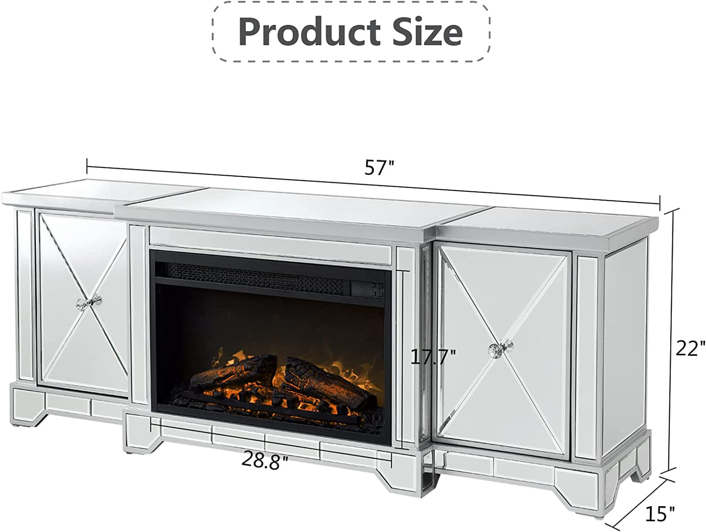 Co & Supply Mirrored Electric Fireplace TV Stand up to 65”, Mirrored TV Stand with 18” LED Fireplace and Remote