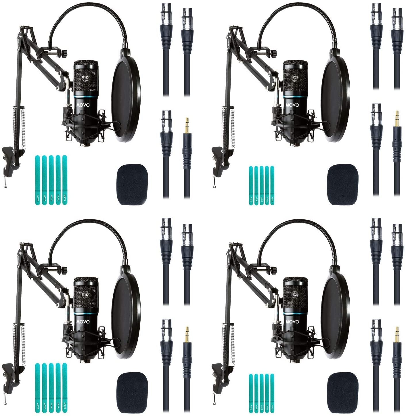 4-Pack Universal XLR Condenser Microphone Podcast Equipment Bundle for 4 - Includes Cardioid Mics, Desk Mount Stands, Shock Mounts, Pop Filters, and Audio Cables - Great for Zoom, Music, Youtube