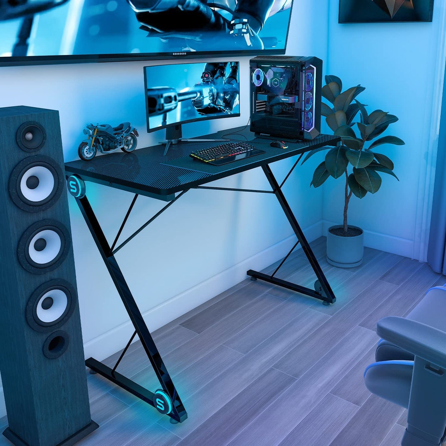 Gaming Desk, Z-Shaped Computer Desk PC Gaming Table, Black Gaming Desk with LED Lights, Home Office Work Desk for Small Spaces