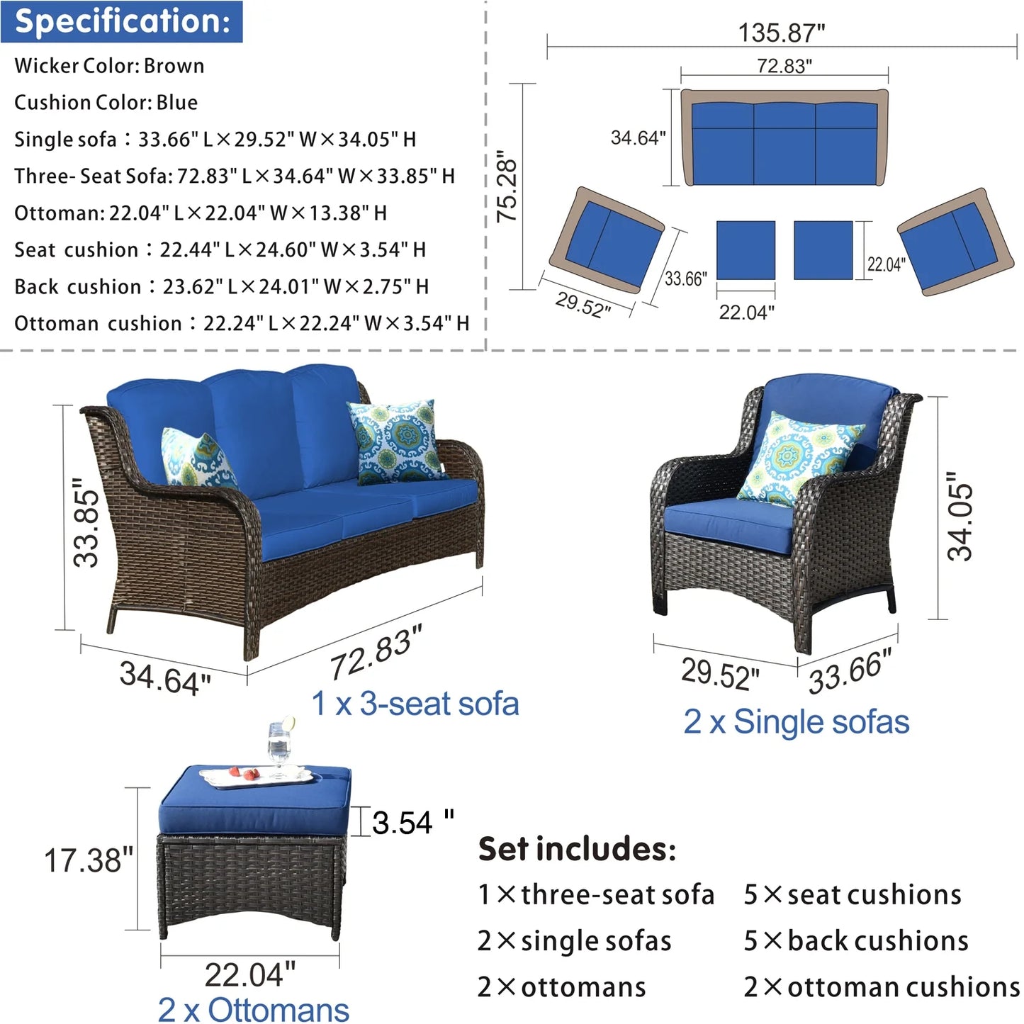 Row's Homes Wicker 5-Piece Patio Furniture Set