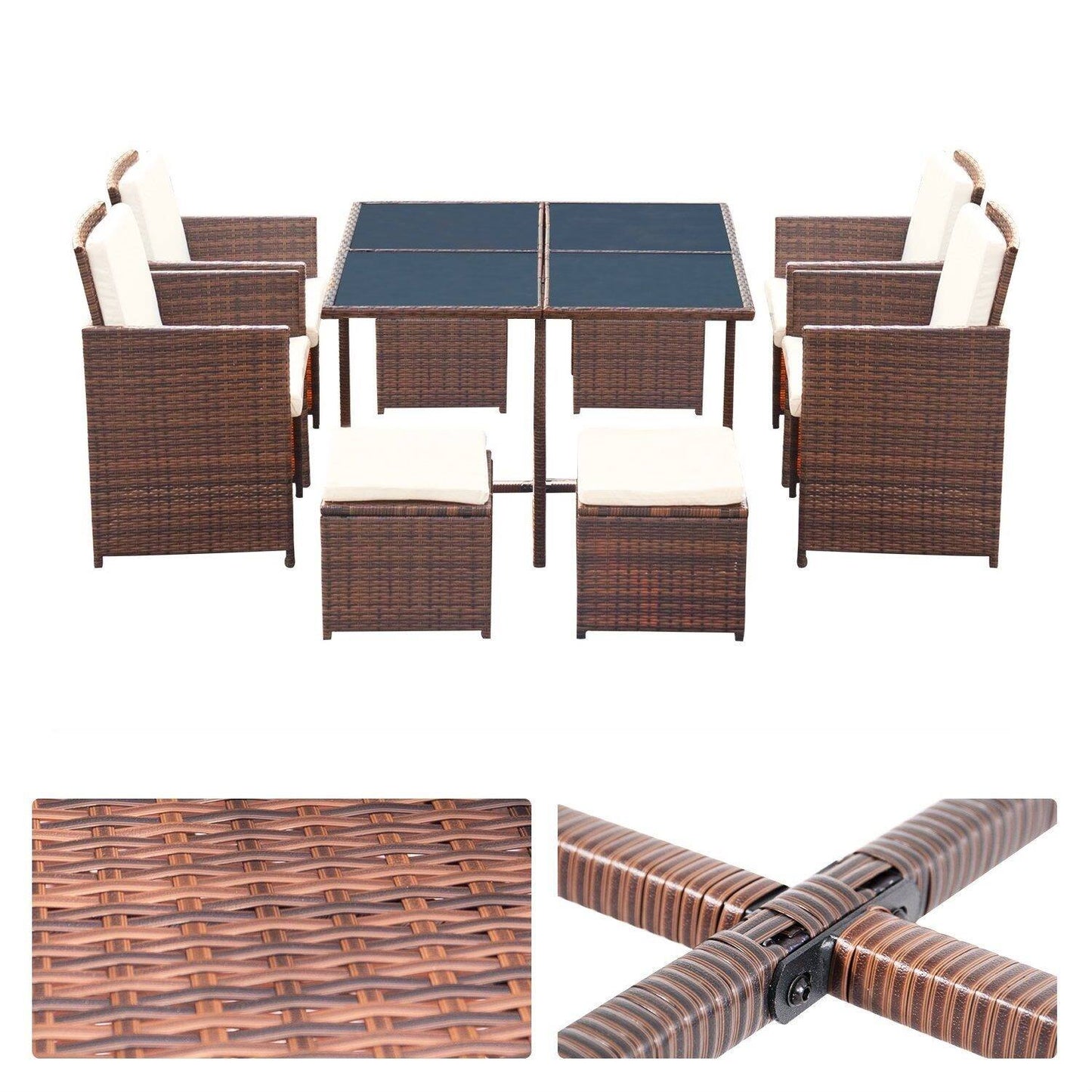 9 Pieces Patio Dining Sets Outdoor Space Saving Rattan Chairs with Glass Table Sectional Conversation Set with Cushions