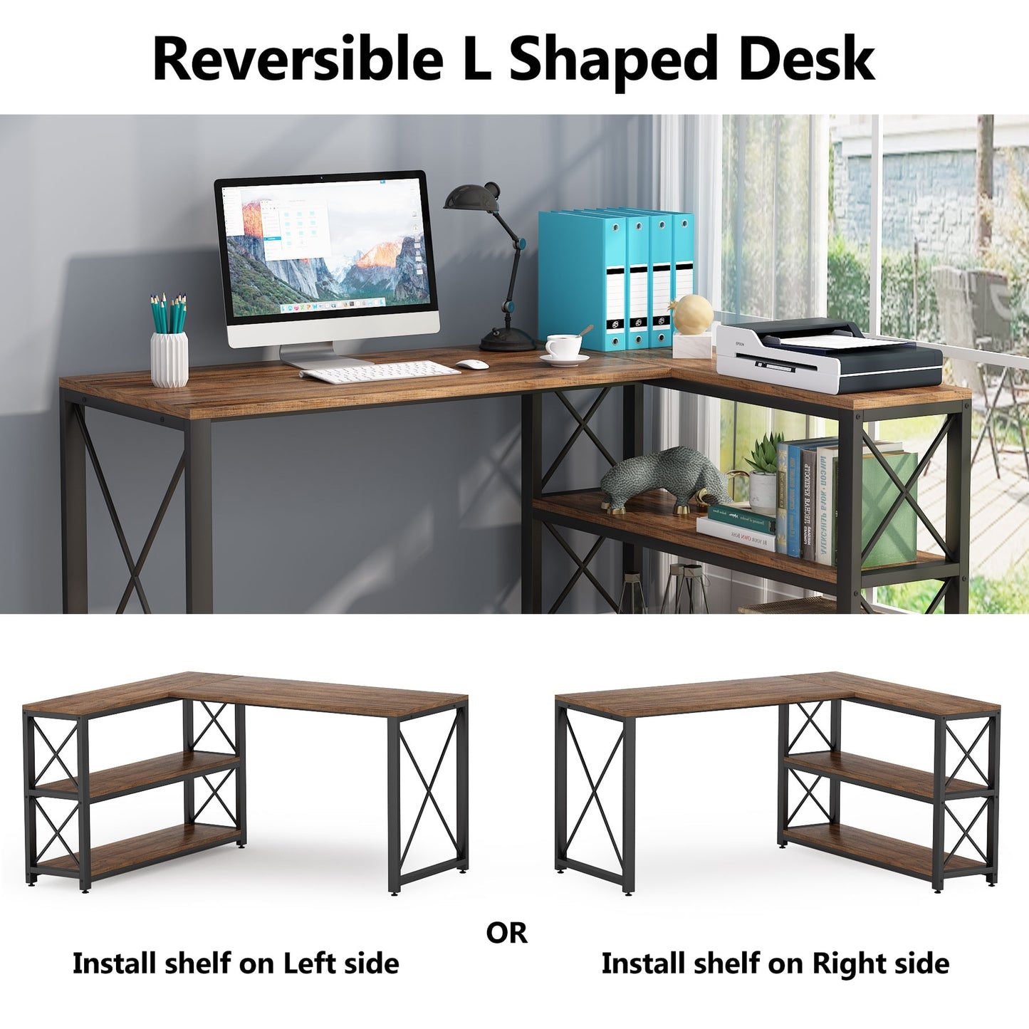 Industrial L-Shaped Desk with Storage Shelves, Corner Computer Desk PC Laptop Study Table Workstation