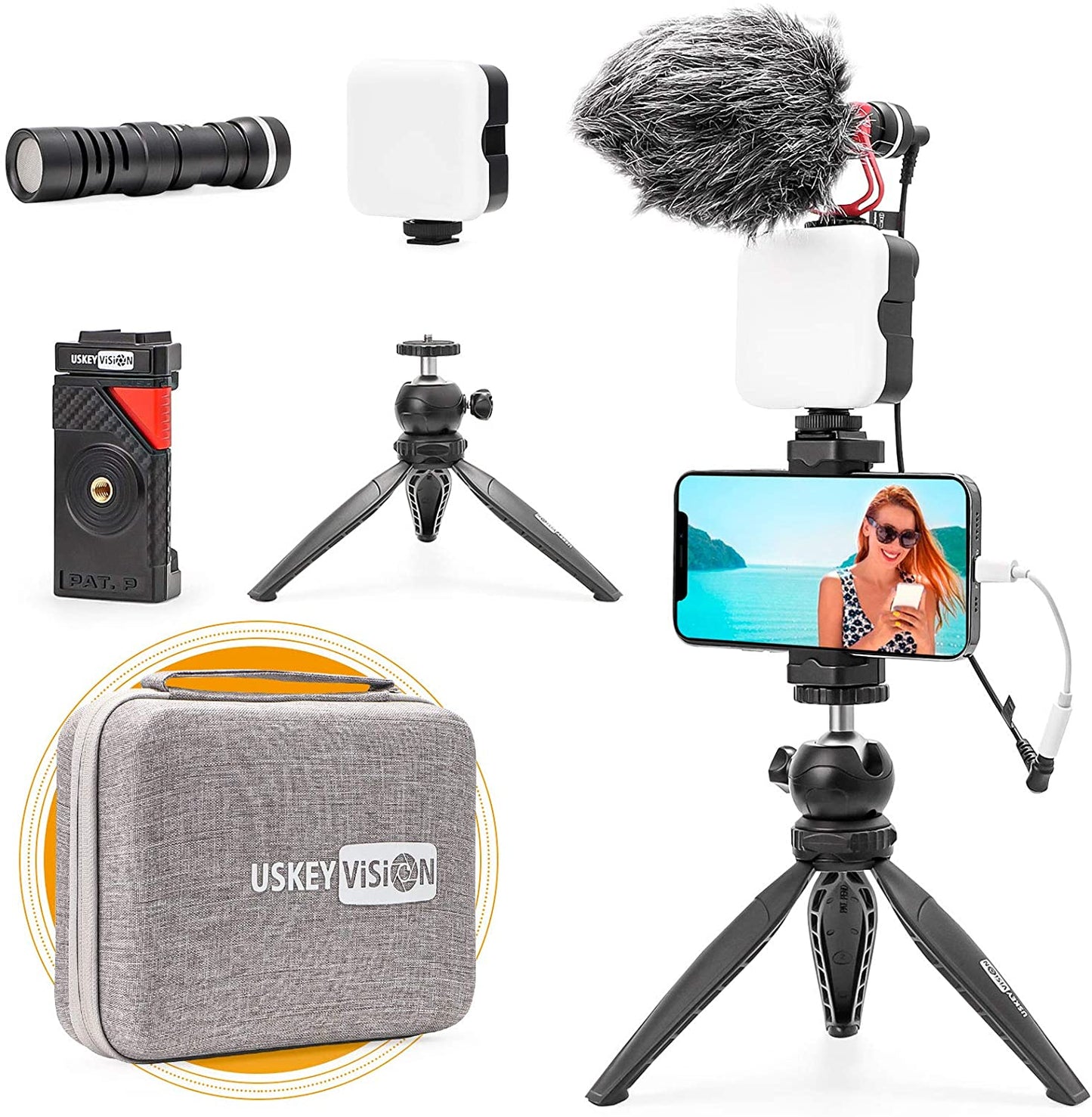 Smartphone Vlog Microphone Light Kit/Video Kit/Blogger Kit for Iphone 13/Mini/Pro/Max, Smartphone and Cameras, with Metal Microphone and Light, for Youtube, Tiktok, Live Steam (Vlog K2)
