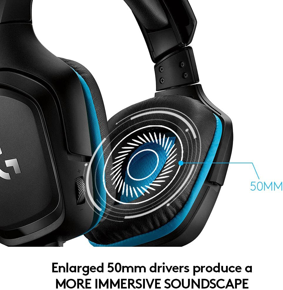 G432 Wired Gaming Headset, 7.1 Surround Sound, DTS Headphone:X 2.0, Flip-To-Mute Mic, PC (Leatherette) Black/Blue