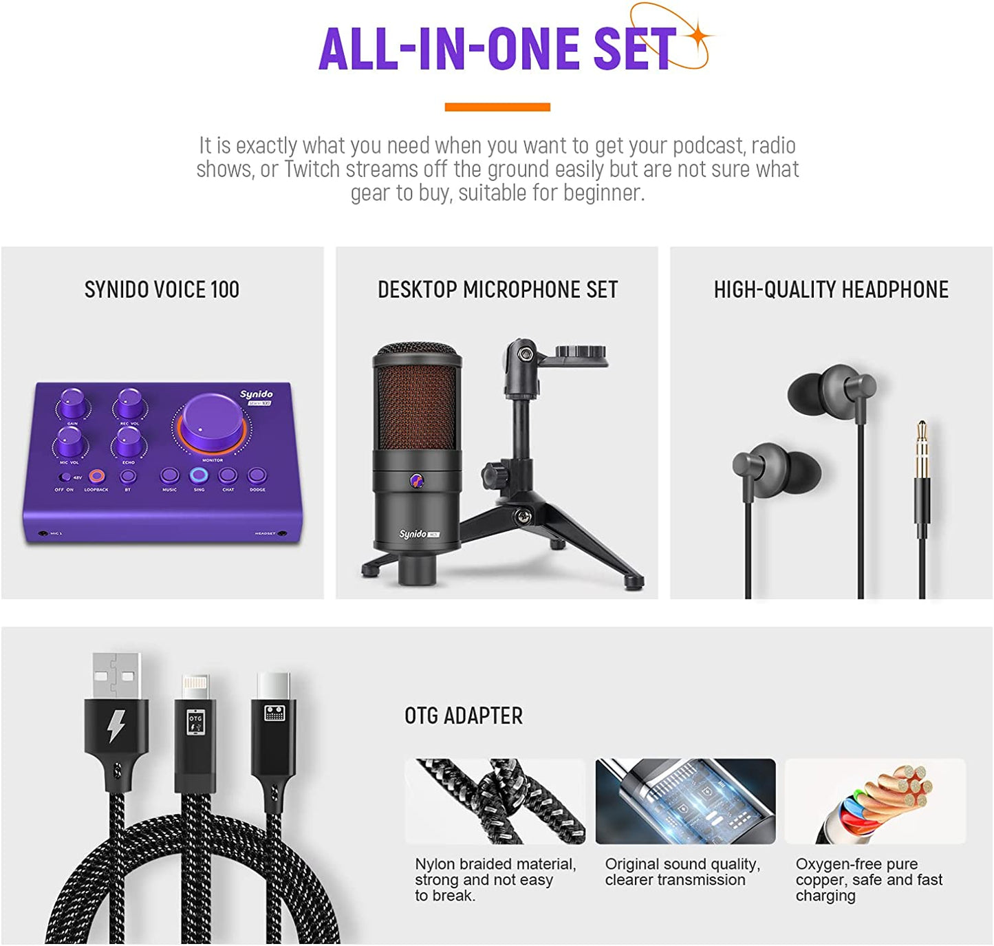 Audio Interface Sound Card, Beginner Podcast Equipment Bundle with 3.5Mm Microphone for Live Streaming, PC, Mac, Recording, Gaming, Guitar