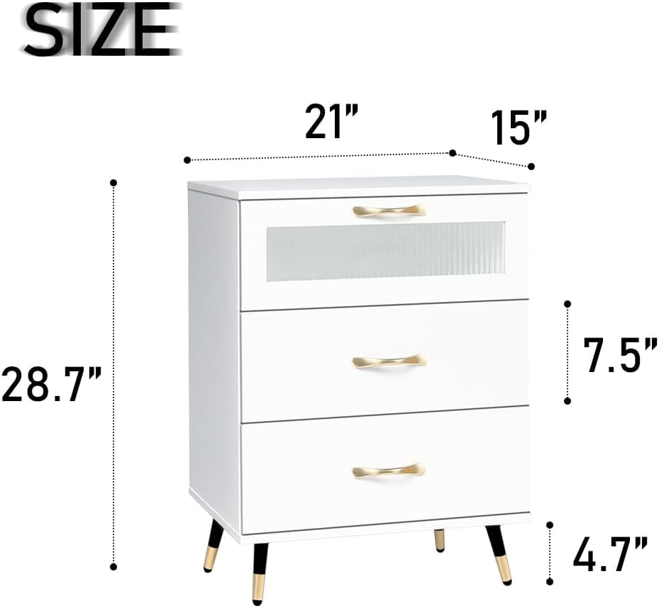 White Nightstand Set of 2 Modern 3 Drawer Nightstand with Glass Door, Gold Leg and Handle, Bedside Cabinet Furniture Side Table Chest for Bedroom