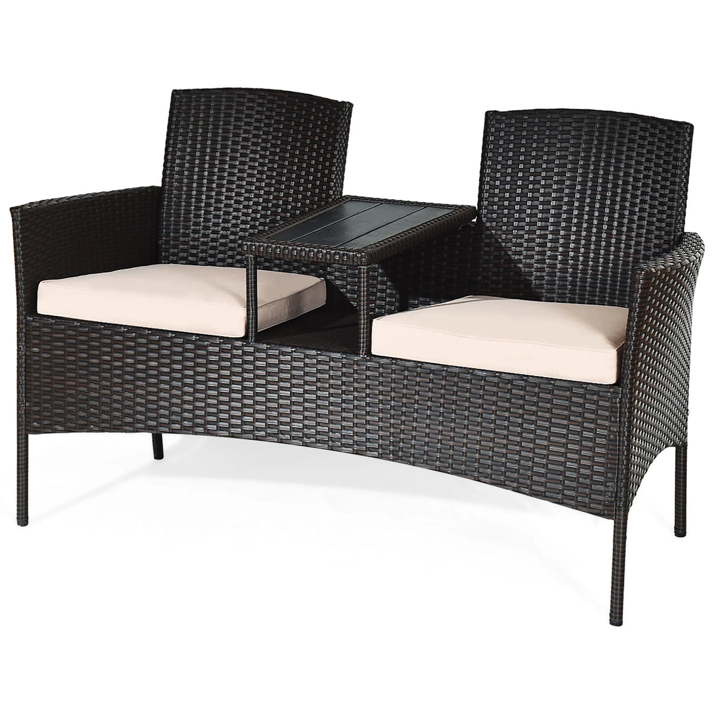 Patio Rattan Conversation Set Loveseat Sofa Cushioned Coffee