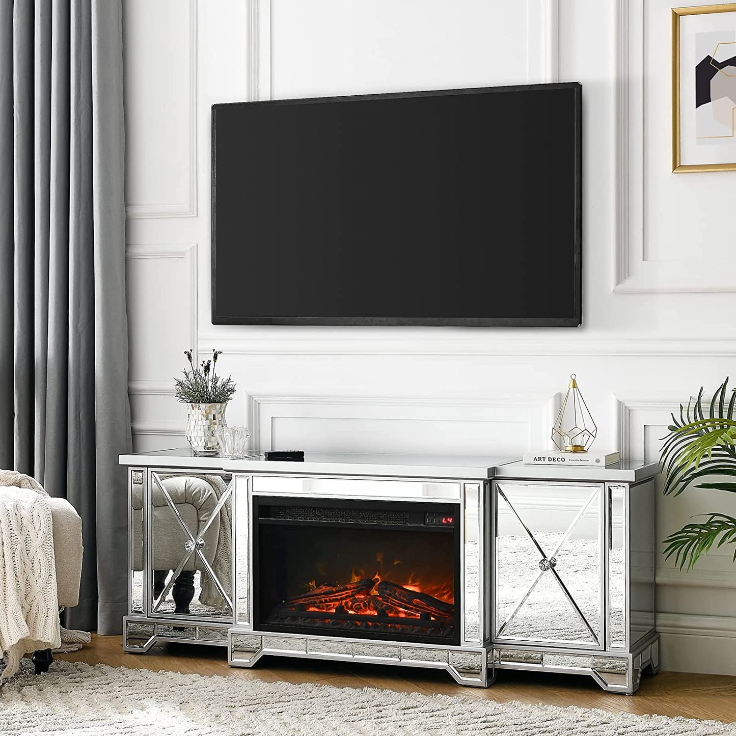 Co & Supply Mirrored Electric Fireplace TV Stand up to 65”, Mirrored TV Stand with 18” LED Fireplace and Remote