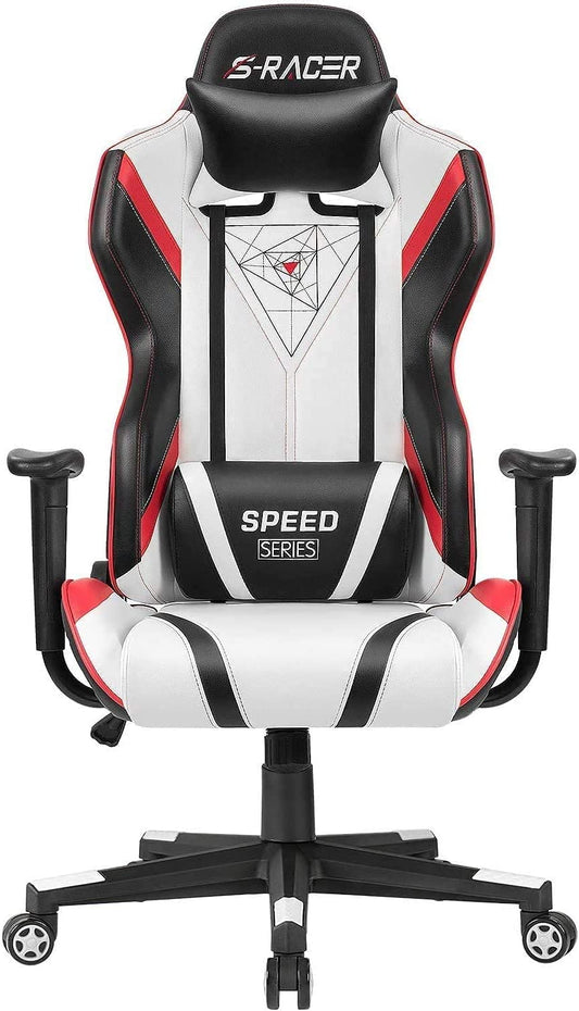 Gaming Chair Racing Office High Back PU Leather Chair Computer Desk Chair Video Game Chair Ergonomic Swivel Chair with Headrest and Lumbar Support (Black&White)