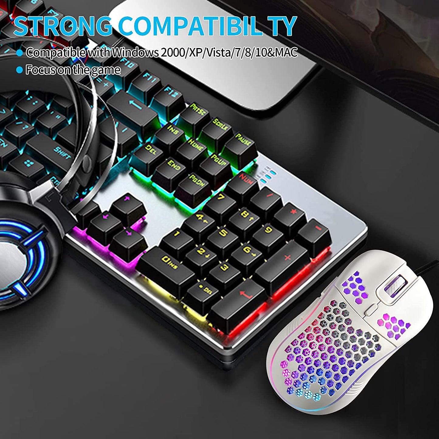 Honeycomb Wired Gaming Mouse, RGB Backlight and 7200 Adjustable DPI, Ergonomic and Lightweight USB Computer Mouse with High Precision Sensor for Windows PC & Laptop Gamers (White)