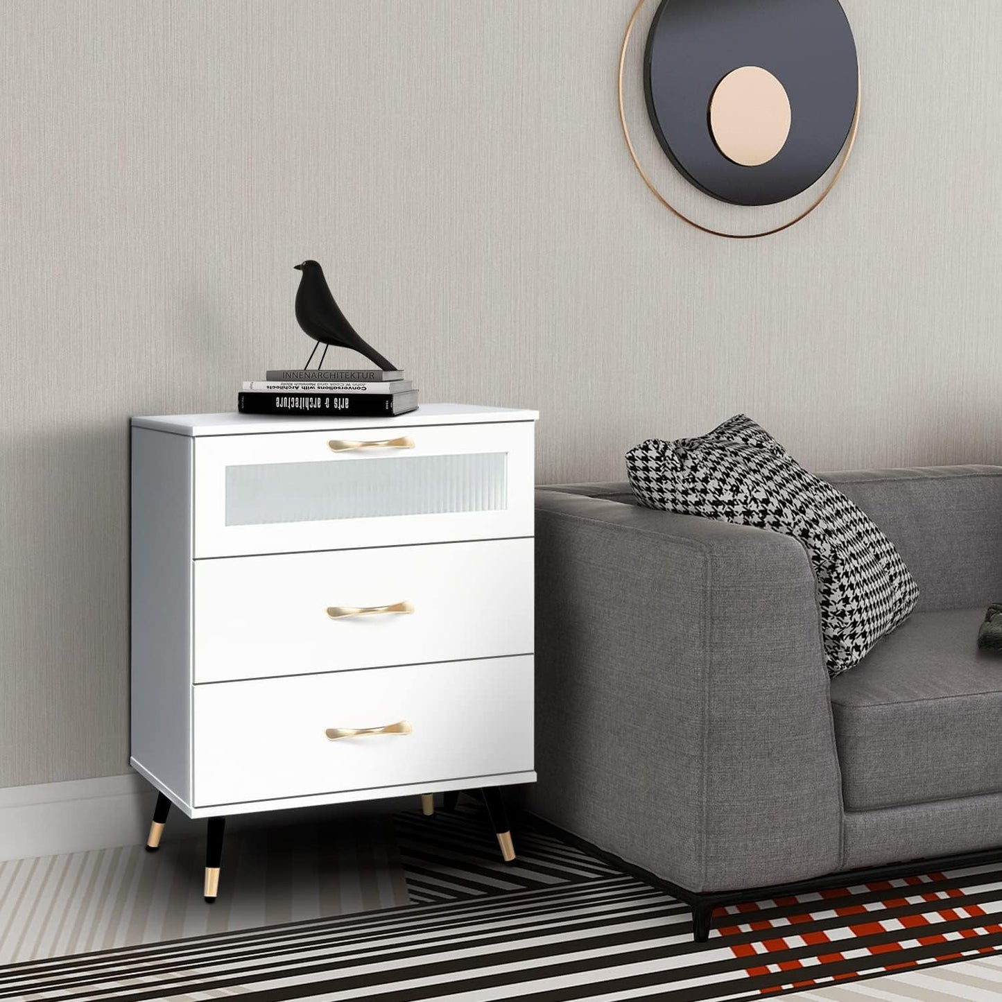 White Nightstand Set of 2 Modern 3 Drawer Nightstand with Glass Door, Gold Leg and Handle, Bedside Cabinet Furniture Side Table Chest for Bedroom