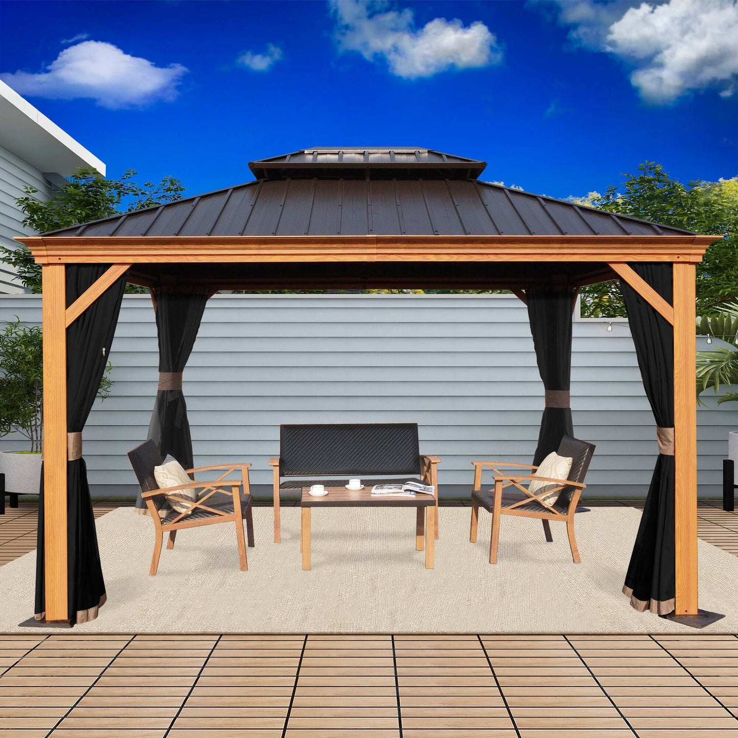 Kozyard Apollo Wood Looking 10Ft X 12Ft Aluminum Hardtop Gazebo with Galvanized Steel Roof and Mosquito Net