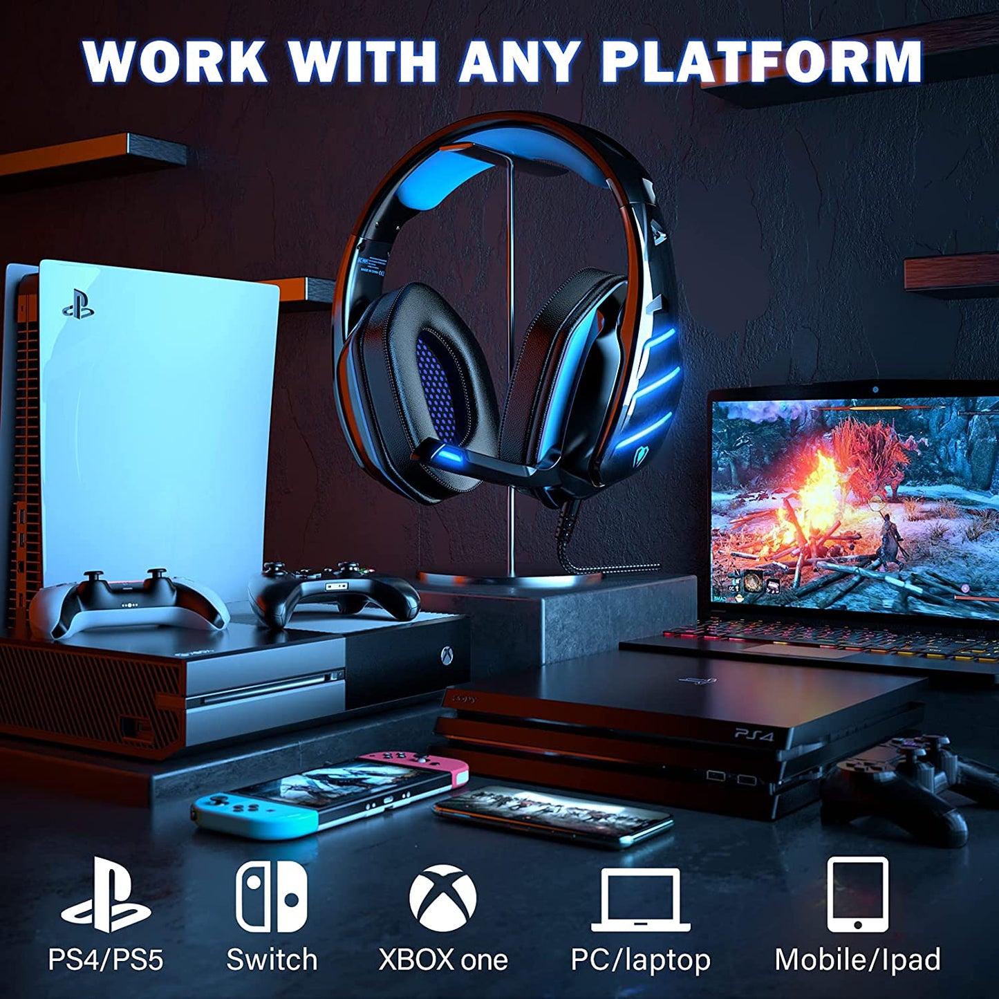 Gaming Headset for PS4 PS5 Xbox One PC Switch Laptop with 7.1 Surround Sound, Gaming Headphones with Noise Canceling Mic