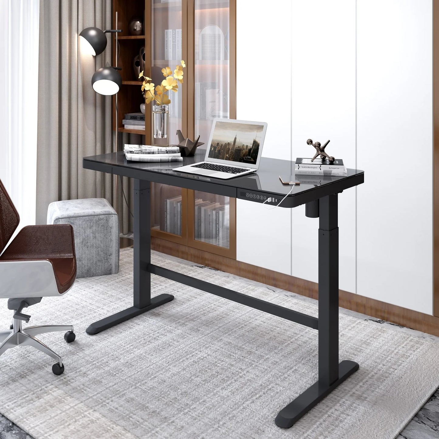 Home Office Electric Height Adjustable Desk 48" Width Standing Desk Computer Desk Glass Top with Drawer, USB Charged