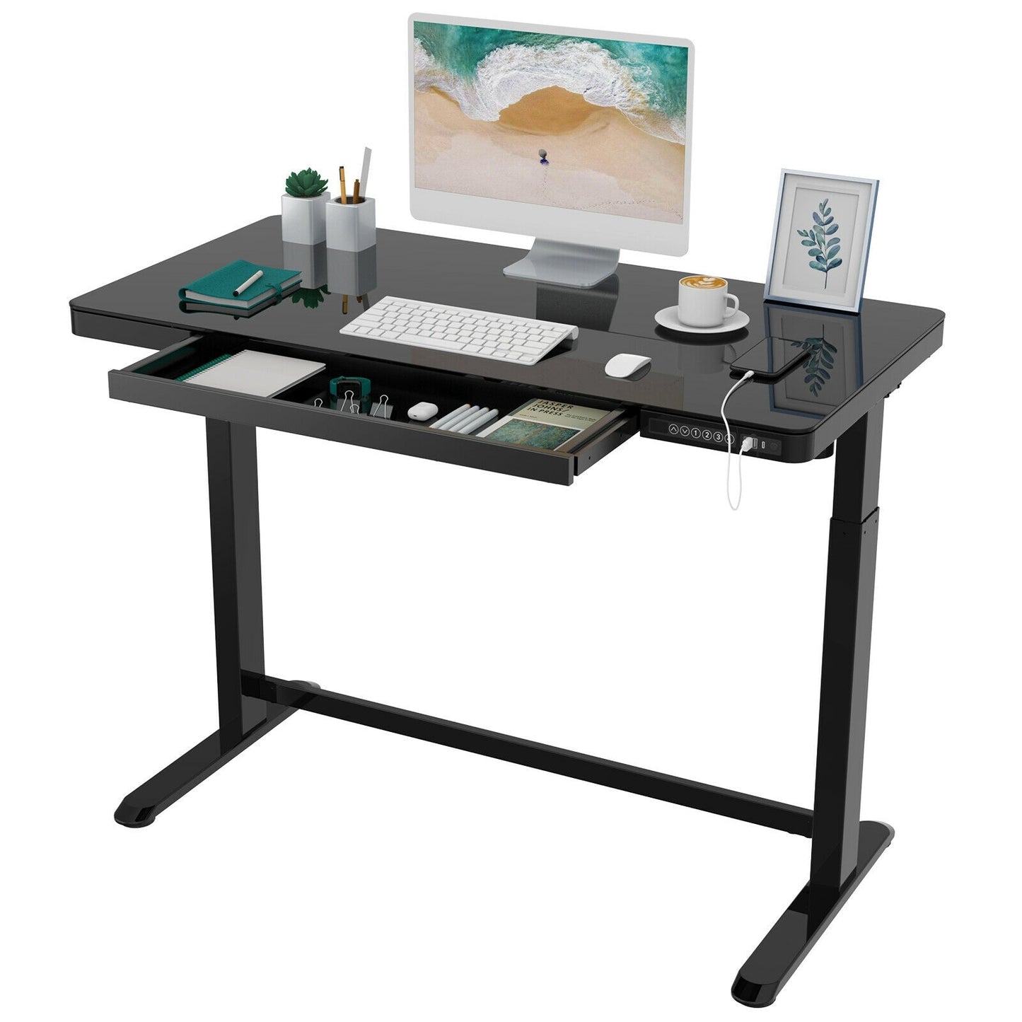 Home Office Electric Height Adjustable Desk 48" Width Standing Desk Computer Desk Glass Top with Drawer, USB Charged