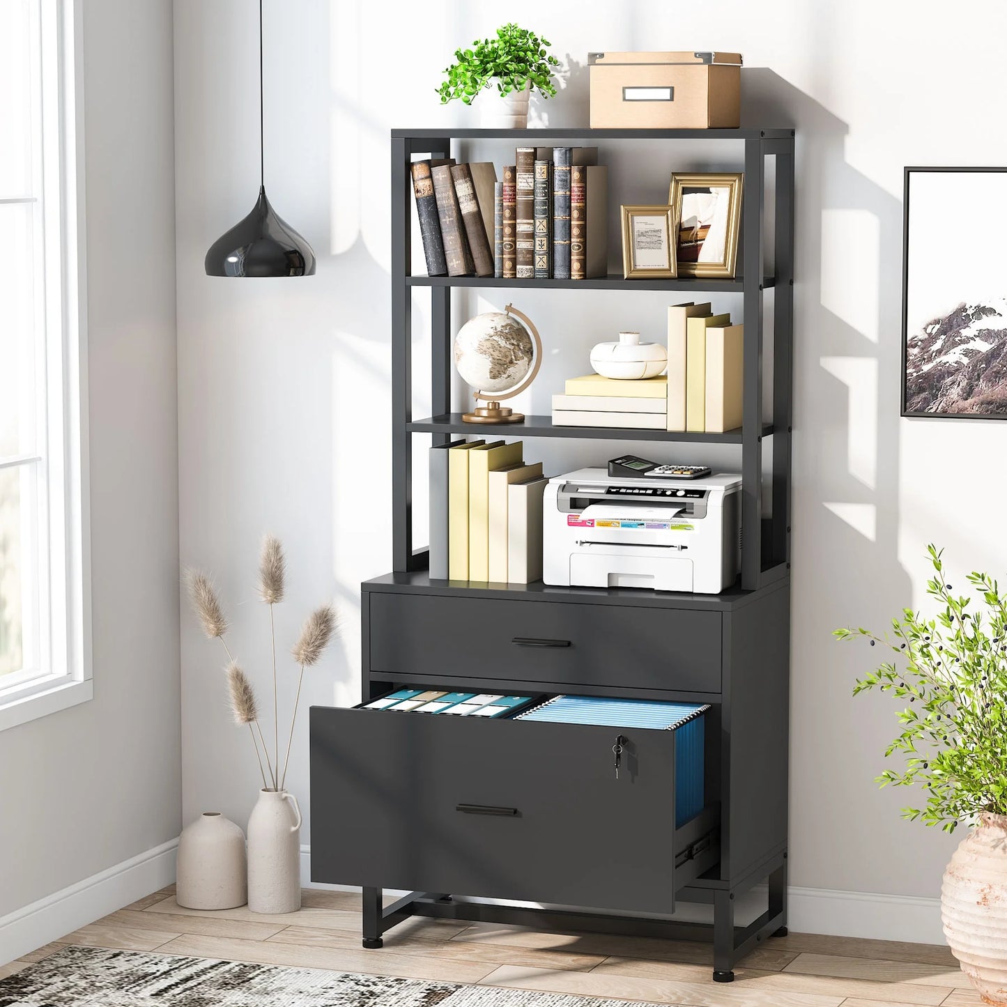 Co & Design 2 Drawer File Cabinet with Lock & Bookshelf, Letter Size Large Printer Stand
