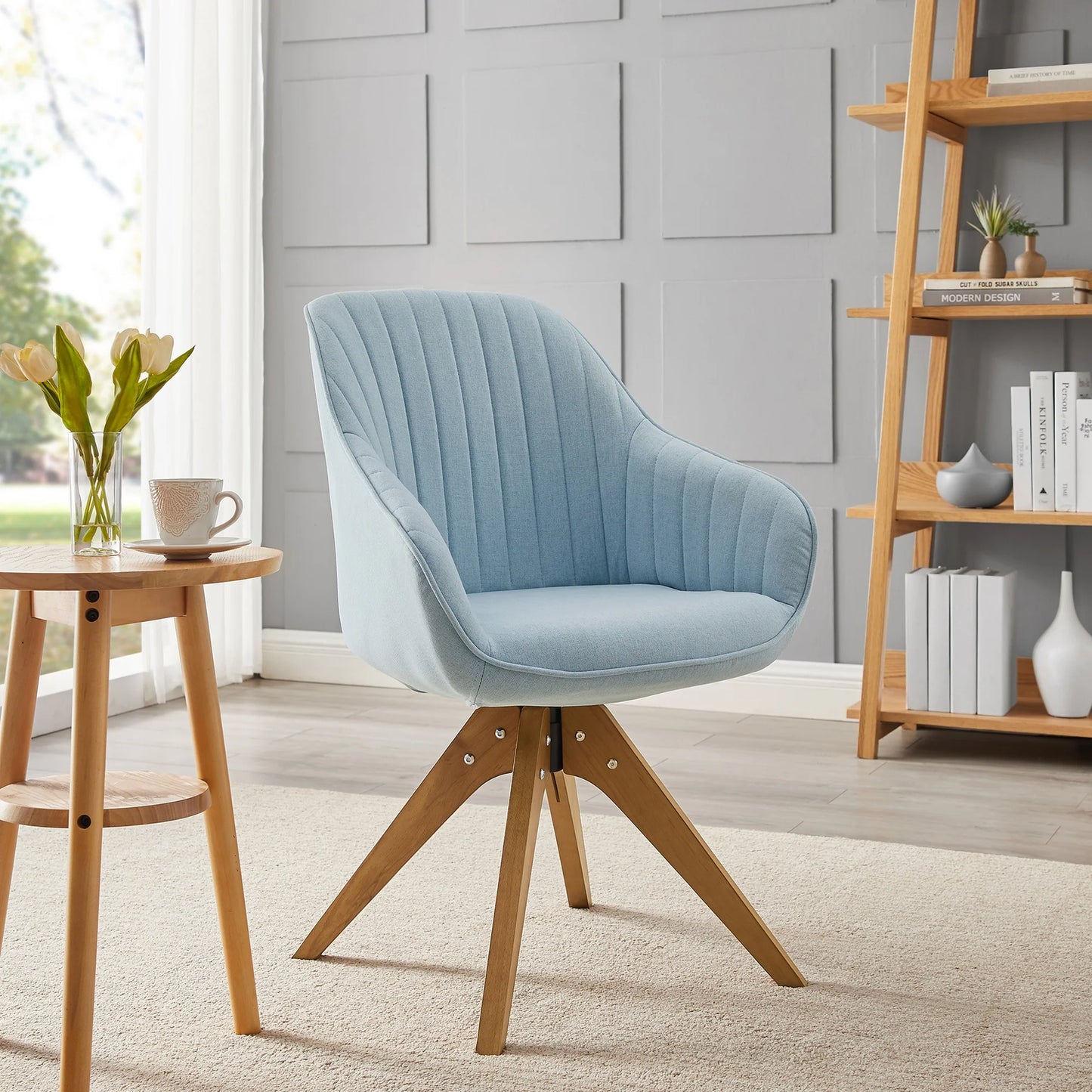 Modern Home Office Swivel Arm Accent Chair with Wood Legs