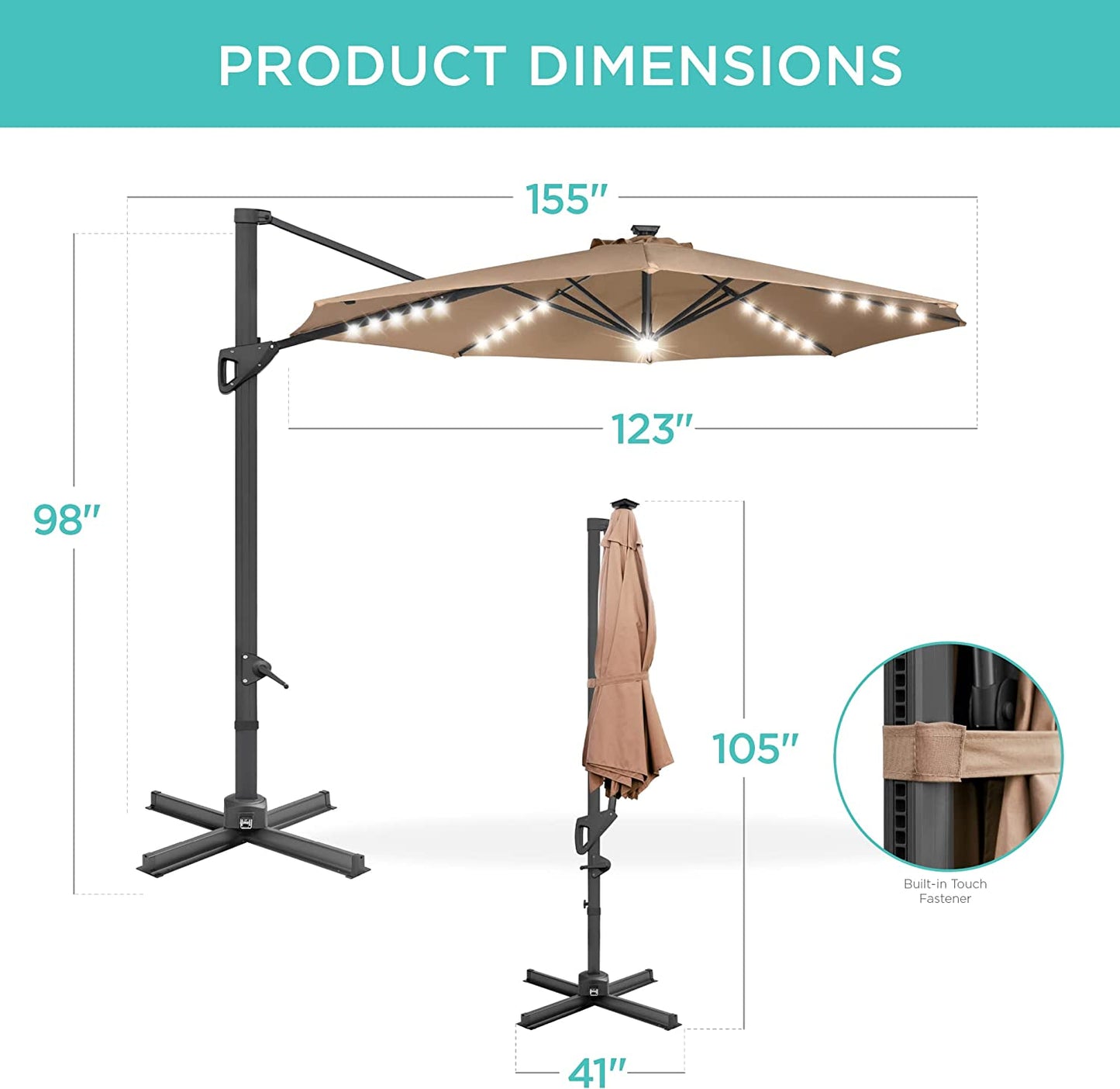 Solar LED Cantilever Patio Umbrella with Lights, 10 Foot Easy Tilt, and Cross Base, 360-Degree Hanging Offset Sun Shade for Backyard, Deck, and Poolside