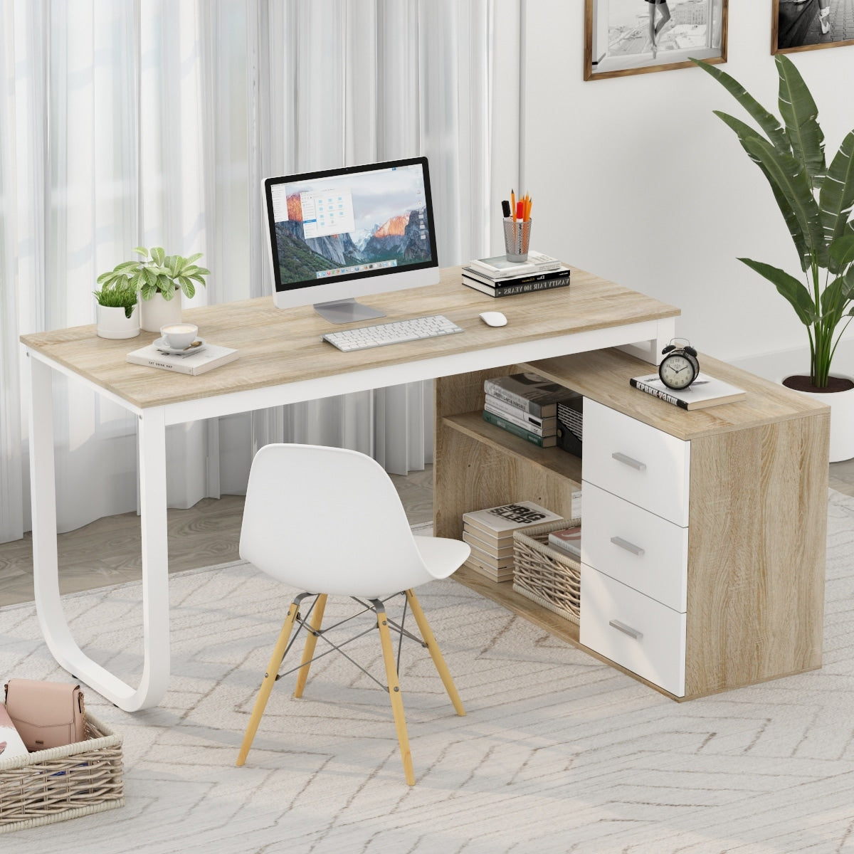 L-Shaped Executive Desk with 3 Drawers for Home and Office