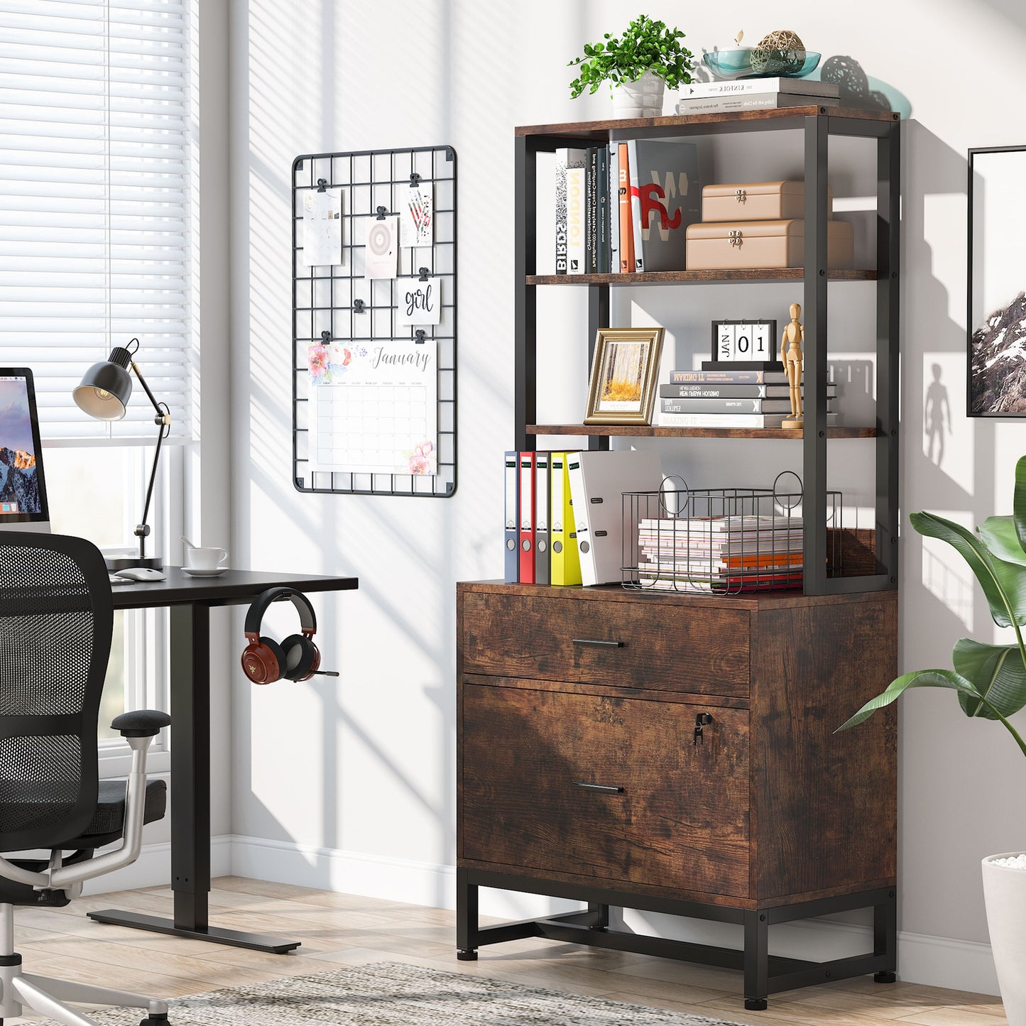 Co & Design 2 Drawer File Cabinet with Lock & Bookshelf, Letter Size Large Printer Stand