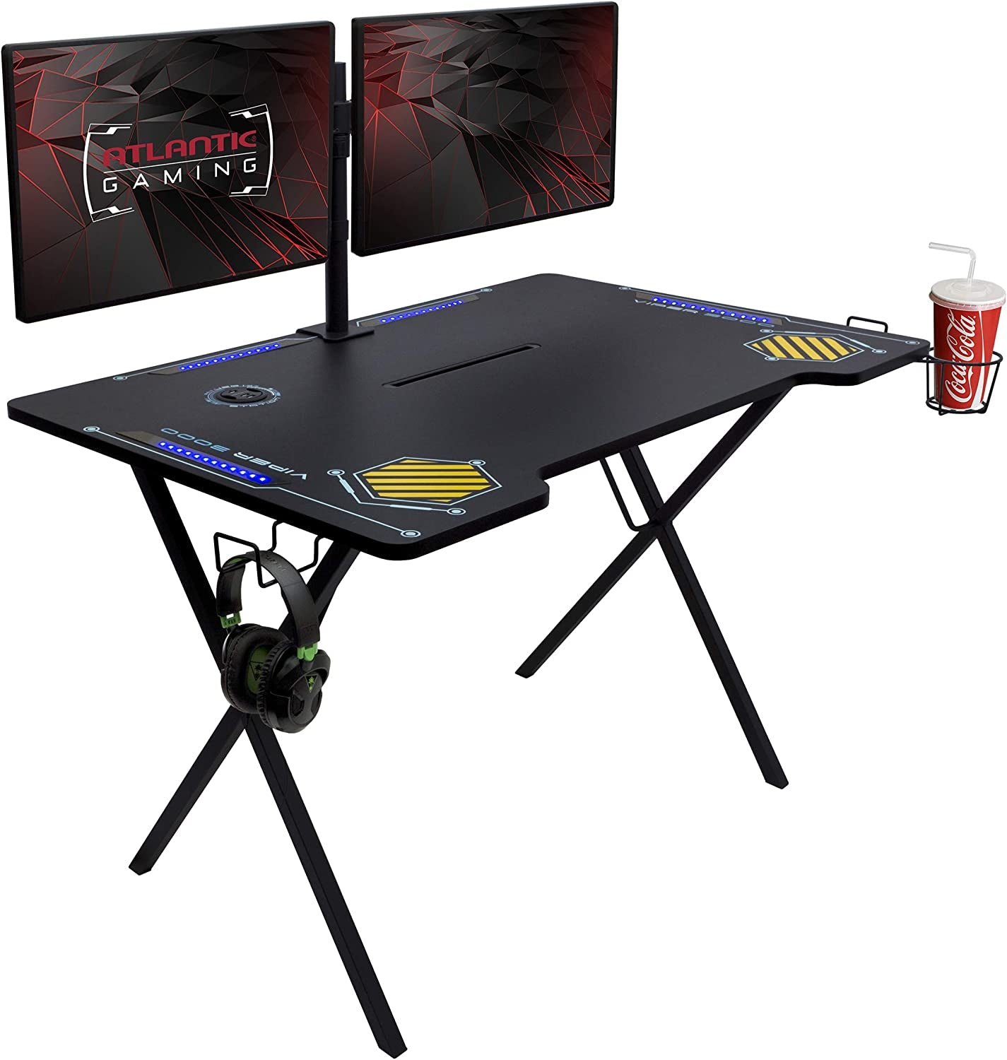 Gaming Desk Viper 3000-45+ Inches Wide, LED Illumination, Three USB 3.0 Ports, Tablet/Phone Slot, Cup Holder, Dual Headphone Hooks, Storage Tray, Satin Finish Surface, PN33906164