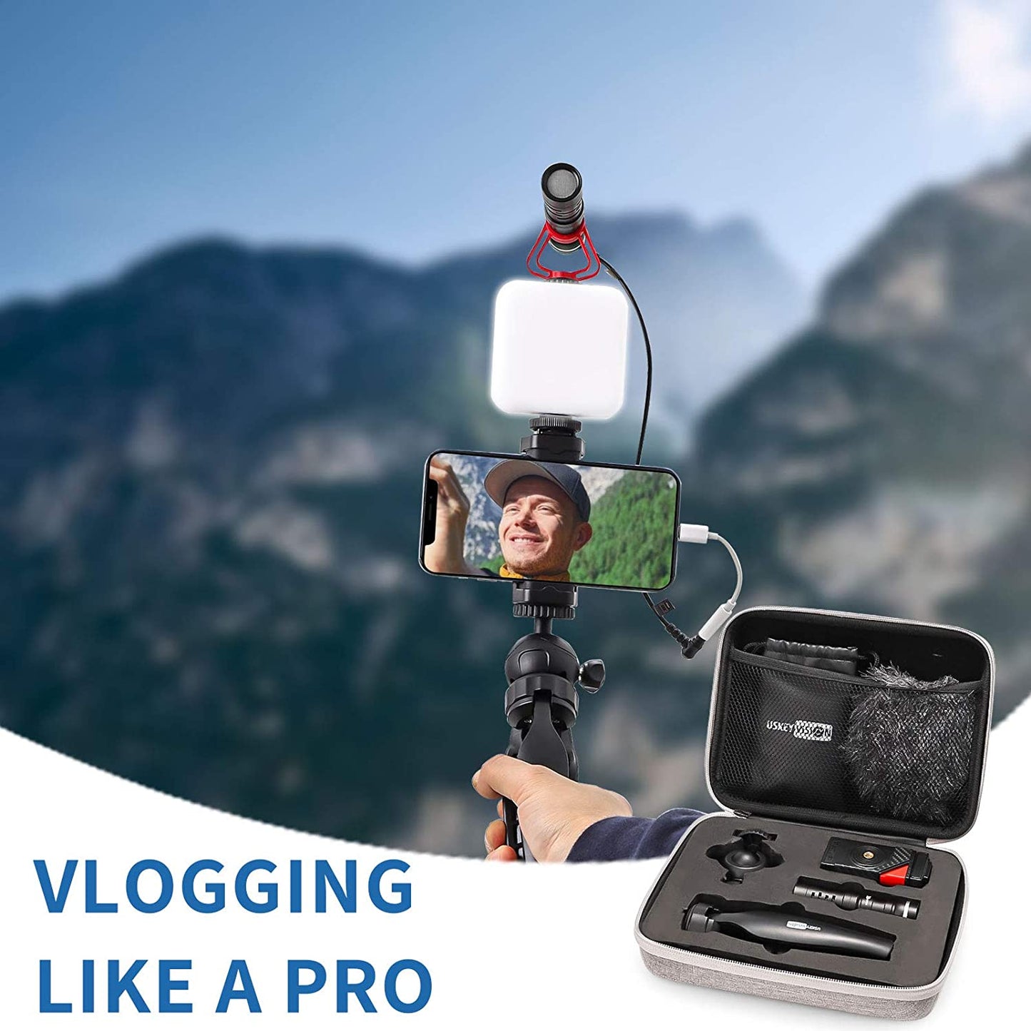 Smartphone Vlog Microphone Light Kit/Video Kit/Blogger Kit for Iphone 13/Mini/Pro/Max, Smartphone and Cameras, with Metal Microphone and Light, for Youtube, Tiktok, Live Steam (Vlog K2)