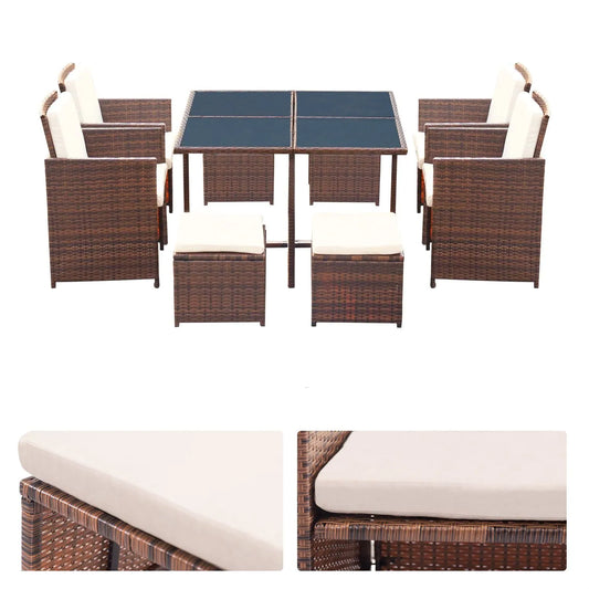 9 Pieces Patio Dining Sets Outdoor Space Saving Rattan Chairs with Glass Table Sectional Conversation Set with Cushions