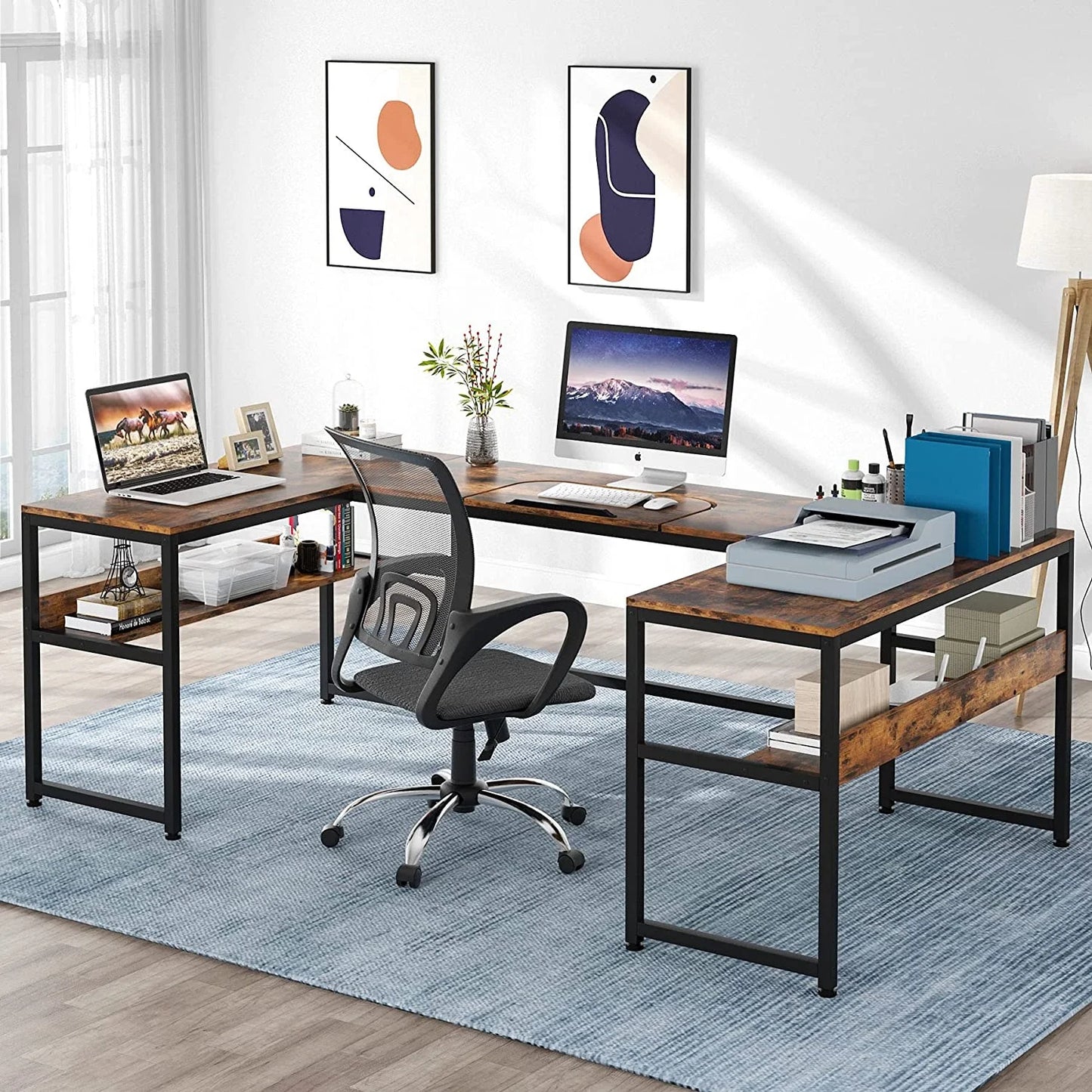 U- Shaped Desk with Bookshelf and Tiltable Drawing Board Large L Shaped Computer Desk Table