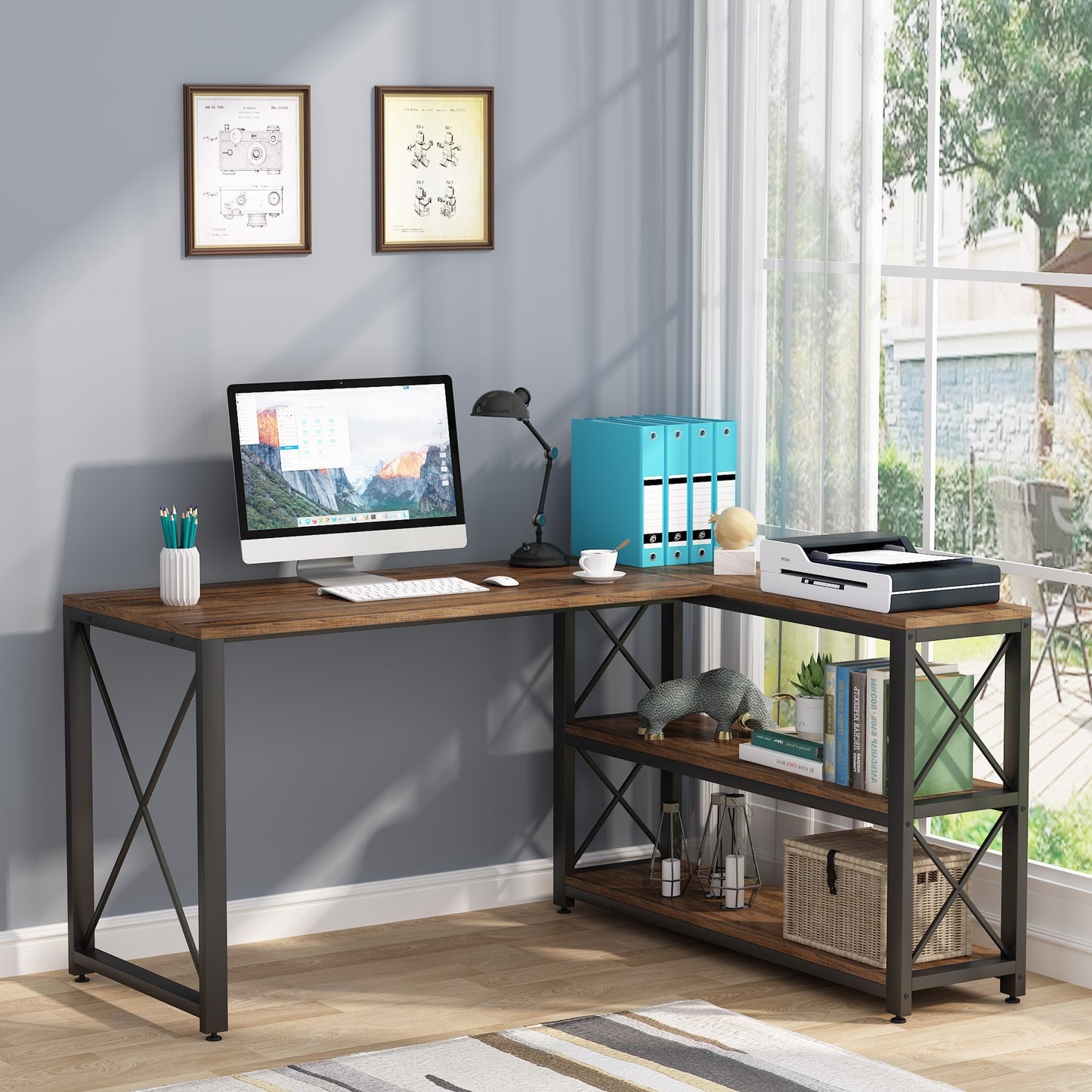Industrial L-Shaped Desk with Storage Shelves, Corner Computer Desk PC Laptop Study Table Workstation