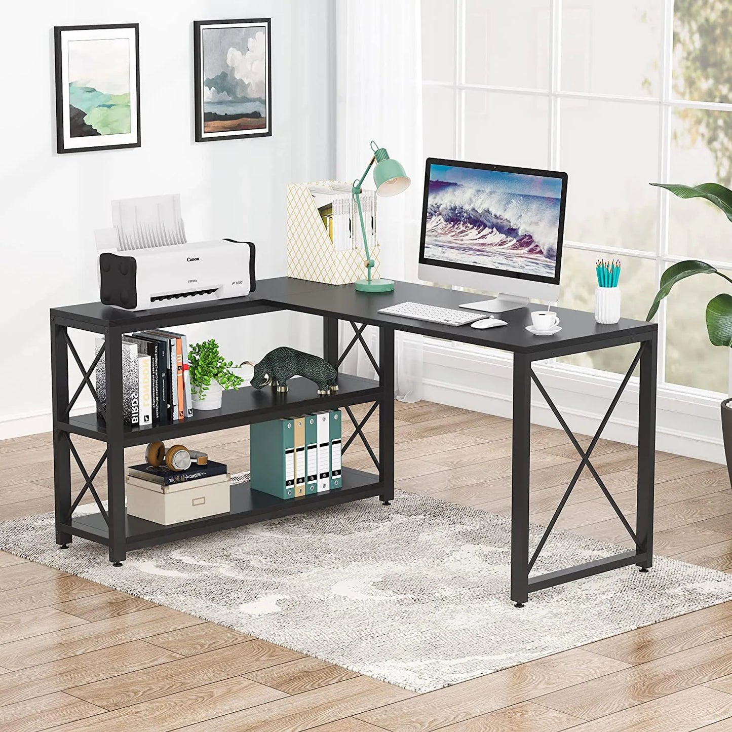 Industrial L-Shaped Desk with Storage Shelves, Corner Computer Desk PC Laptop Study Table Workstation