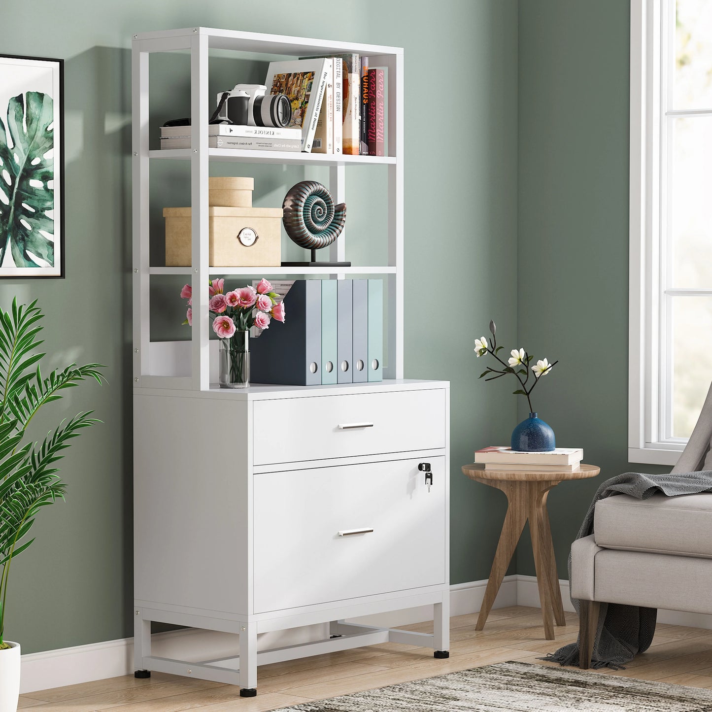 Co & Design 2 Drawer File Cabinet with Lock & Bookshelf, Letter Size Large Printer Stand