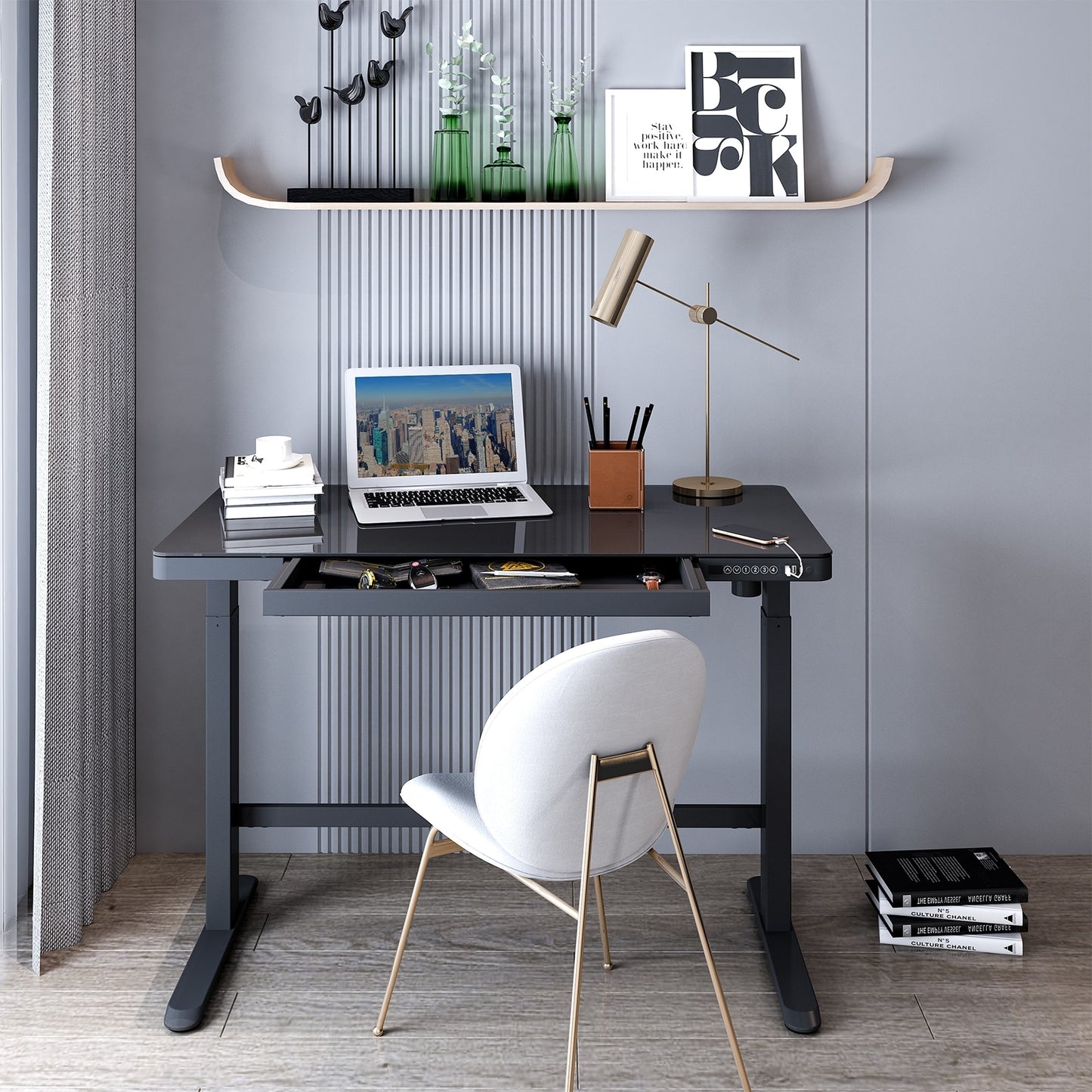 Home Office Electric Height Adjustable Desk 48" Width Standing Desk Computer Desk Glass Top with Drawer, USB Charged