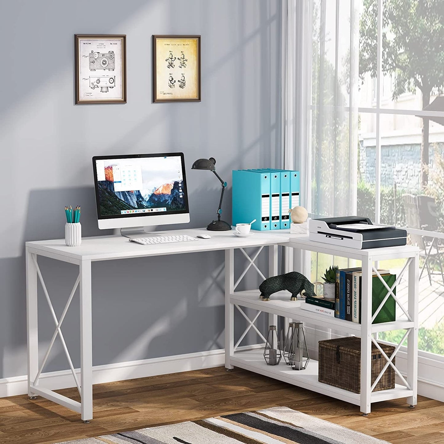Industrial L-Shaped Desk with Storage Shelves, Corner Computer Desk PC Laptop Study Table Workstation