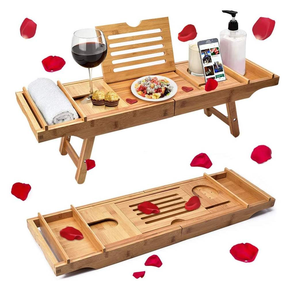 Extendable Bathroom Shelf Bathtub Tray Shower Caddy Bamboo Bath Tub Rack Towel Wine Book Holder Storage Organization Accessories