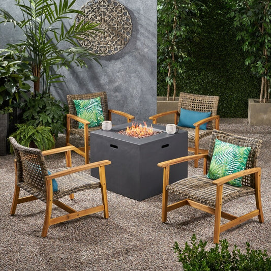 Augusta Outdoor 5 Piece Wood and Wicker Club Chairs and Fire Pit Set by