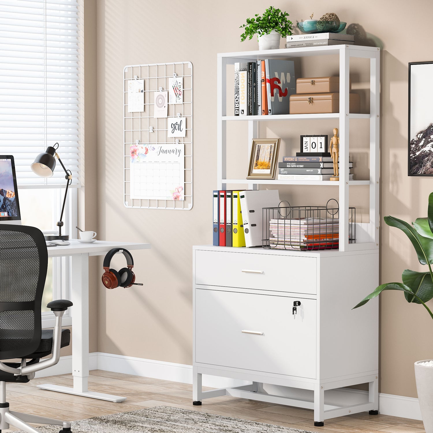 Co & Design 2 Drawer File Cabinet with Lock & Bookshelf, Letter Size Large Printer Stand