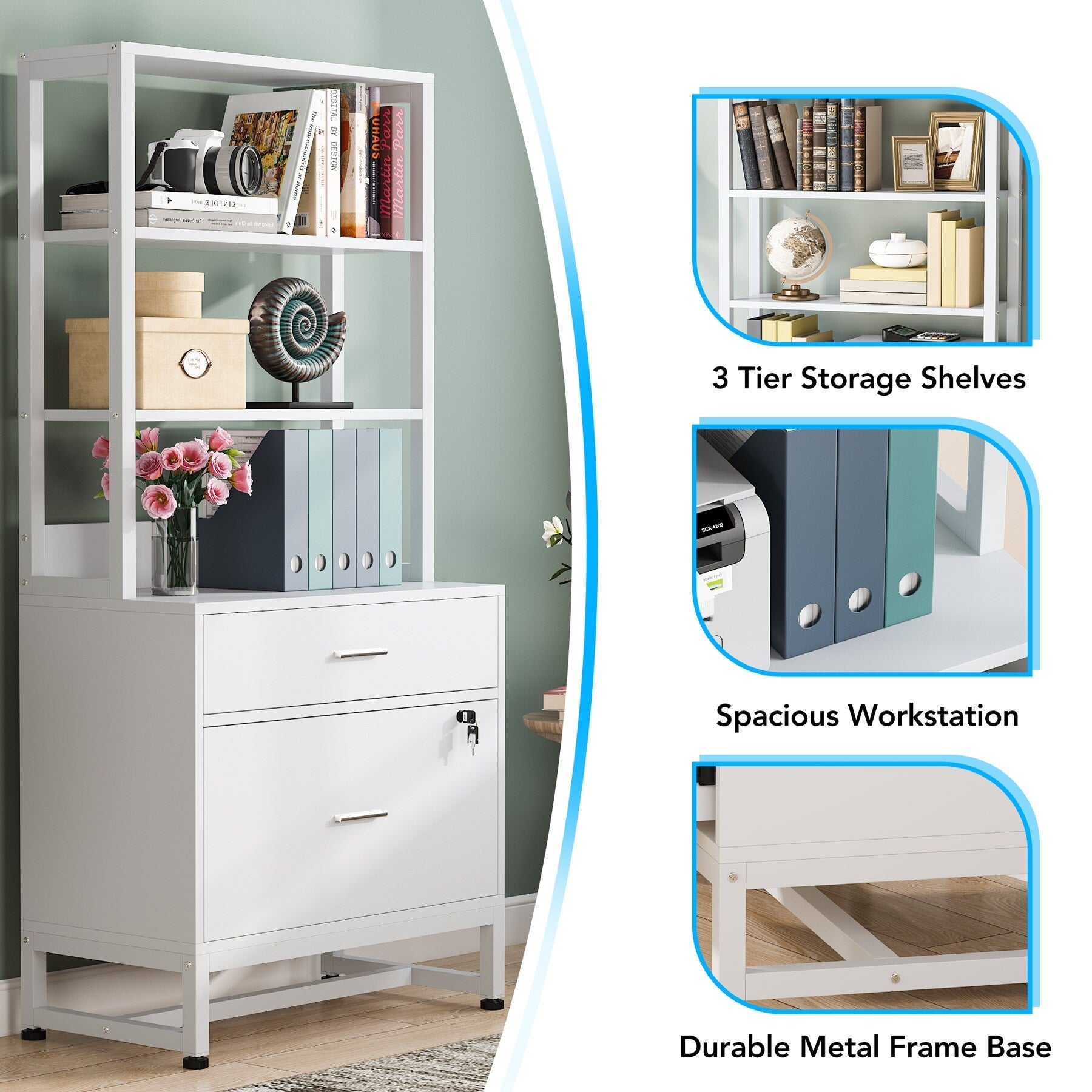 Co & Design 2 Drawer File Cabinet with Lock & Bookshelf, Letter Size Large Printer Stand