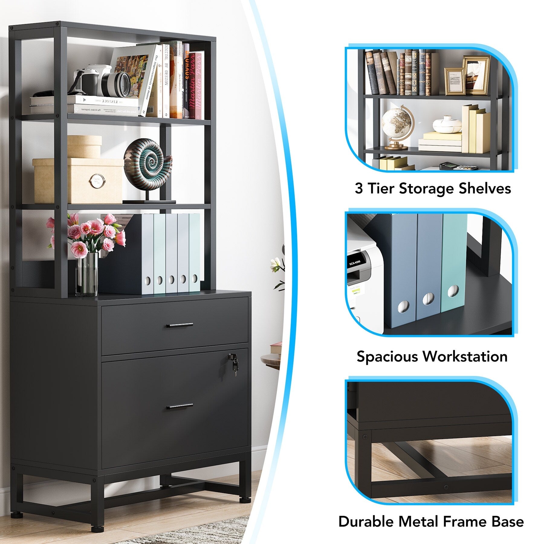 Co & Design 2 Drawer File Cabinet with Lock & Bookshelf, Letter Size Large Printer Stand
