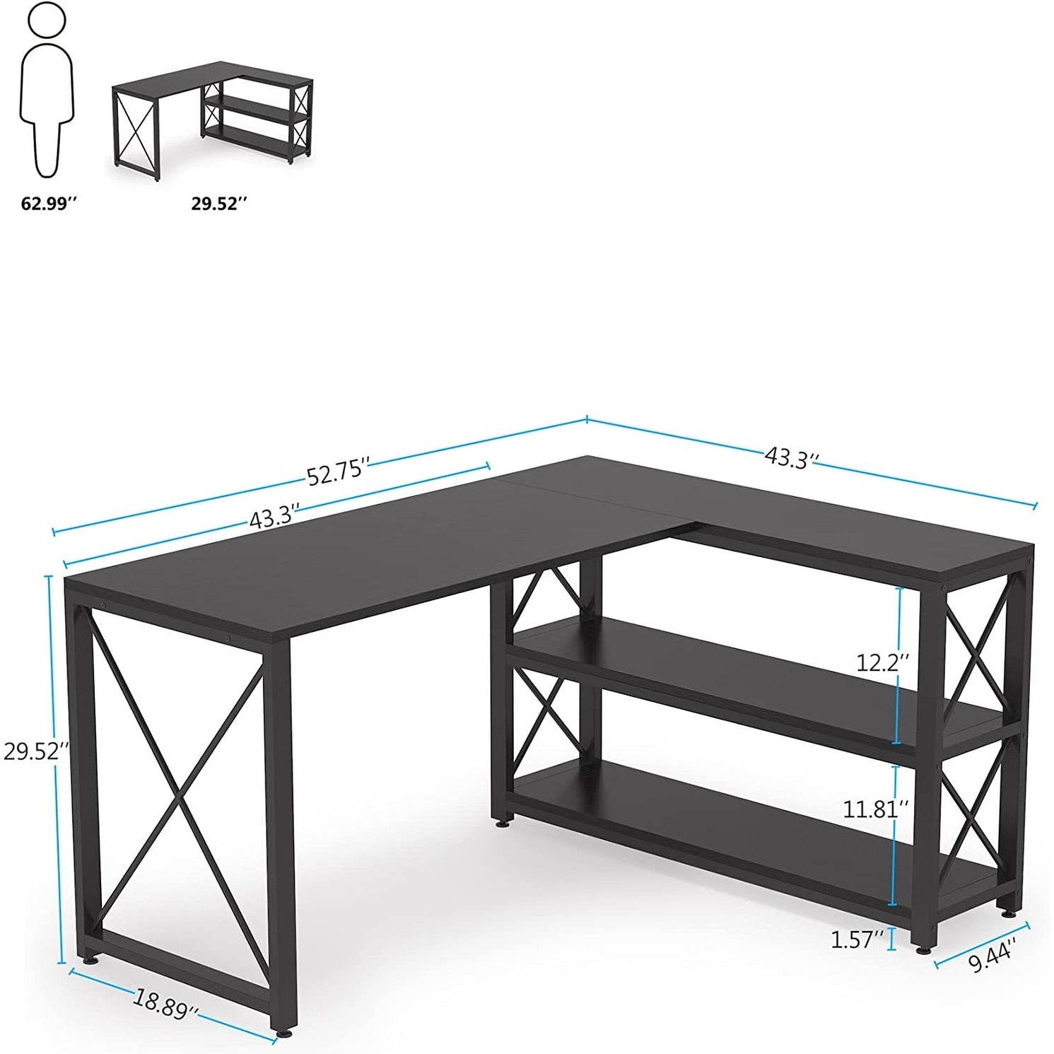 Industrial L-Shaped Desk with Storage Shelves, Corner Computer Desk PC Laptop Study Table Workstation