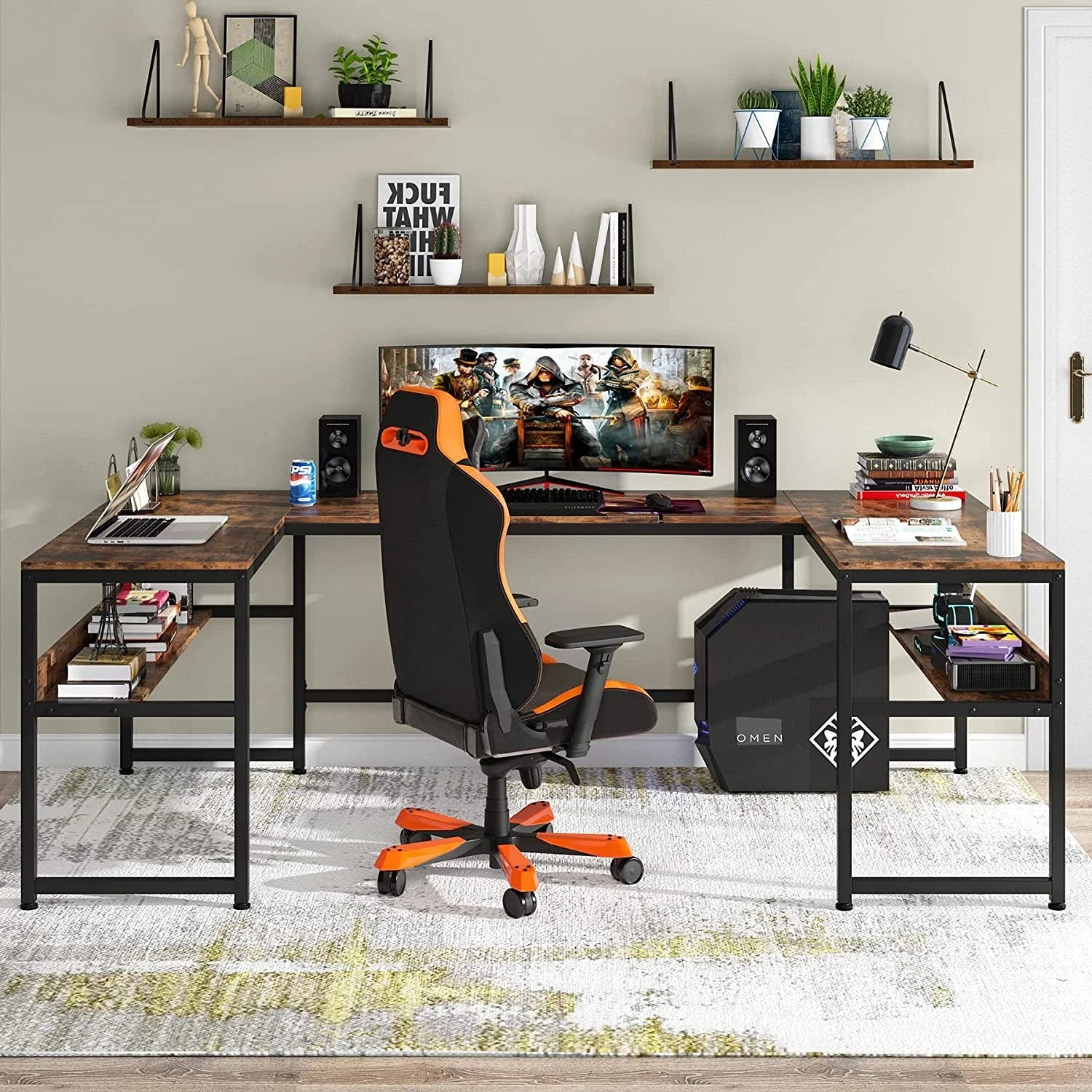 U- Shaped Desk with Bookshelf and Tiltable Drawing Board Large L Shaped Computer Desk Table
