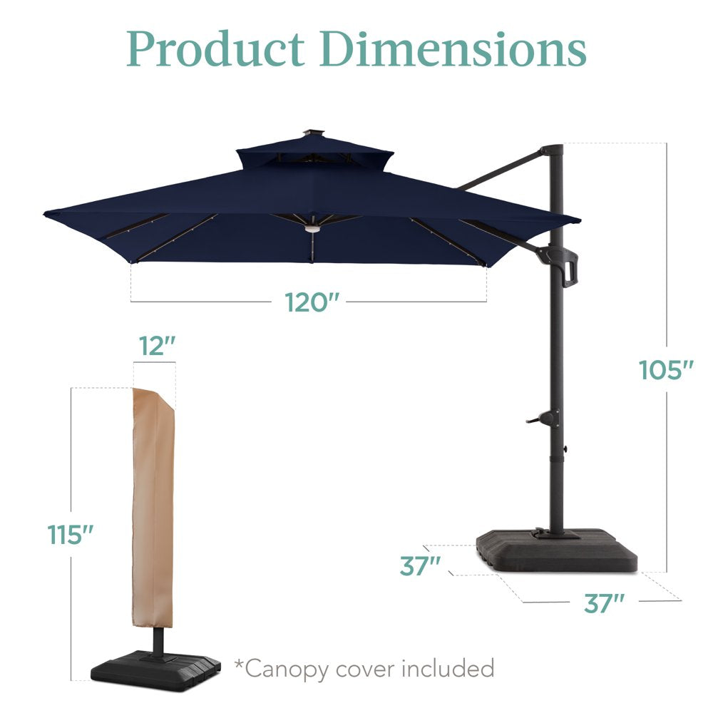 10x10ft 2-Tier Square Outdoor Solar LED Cantilever Patio Umbrella with Base - The Perfect Shade Solution