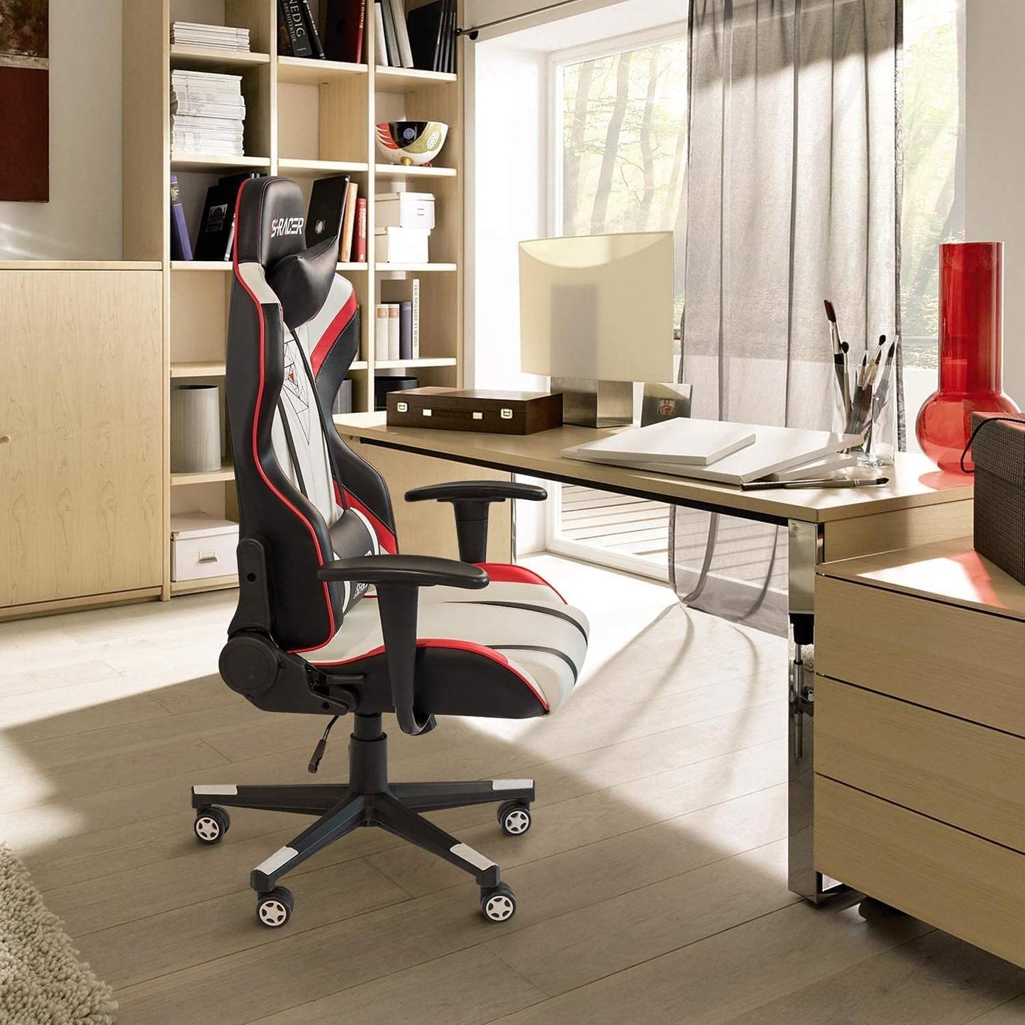 Gaming Chair Racing Office High Back PU Leather Chair Computer Desk Chair Video Game Chair Ergonomic Swivel Chair with Headrest and Lumbar Support (Black&White)